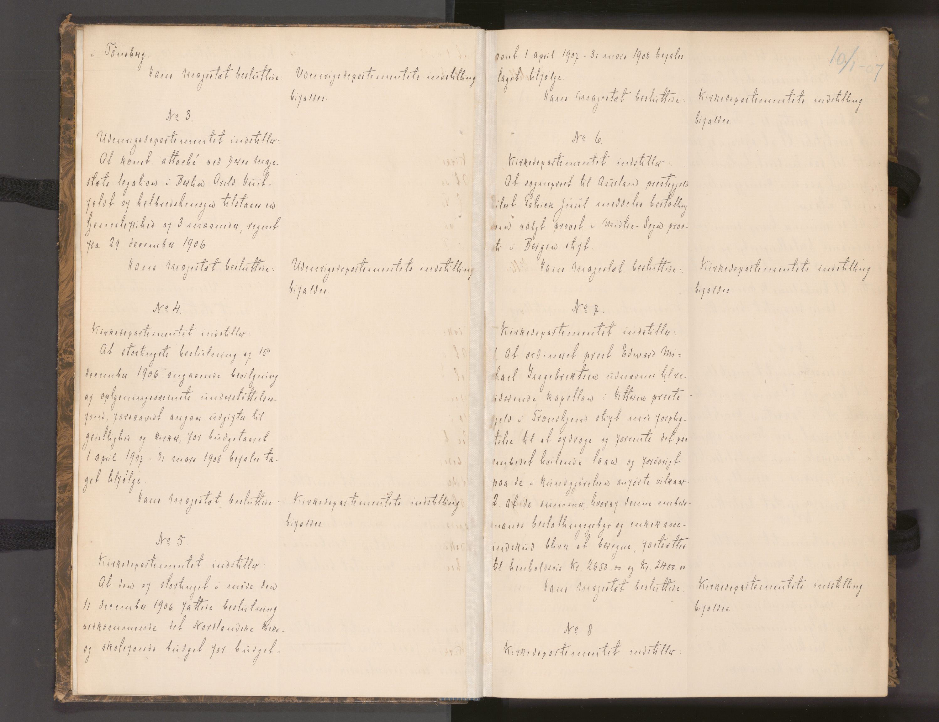 Statsrådssekretariatet, AV/RA-S-1001/A/Ac/L0006: Kgl. res. nr. 1-873, 1. kvartal, 1907