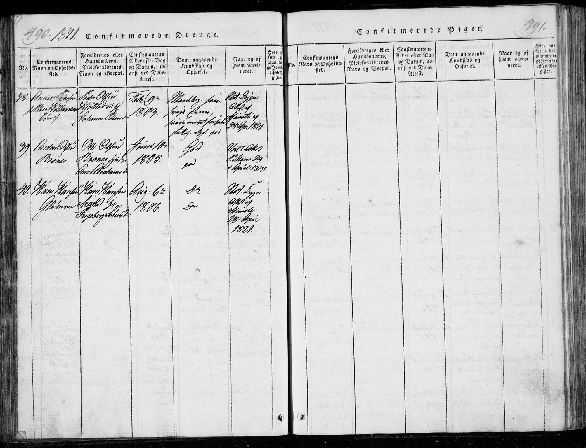 Modum kirkebøker, SAKO/A-234/G/Ga/L0001: Parish register (copy) no. I 1, 1818-1824, p. 490-491