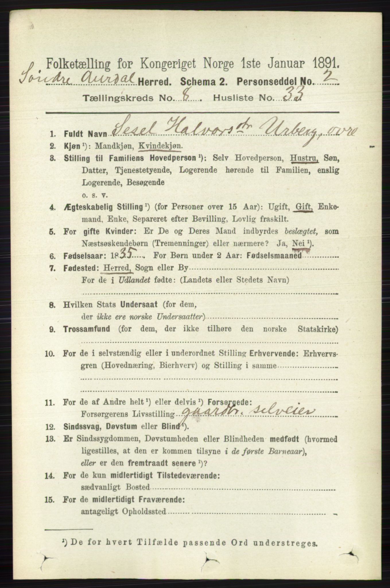 RA, 1891 census for 0540 Sør-Aurdal, 1891, p. 5071