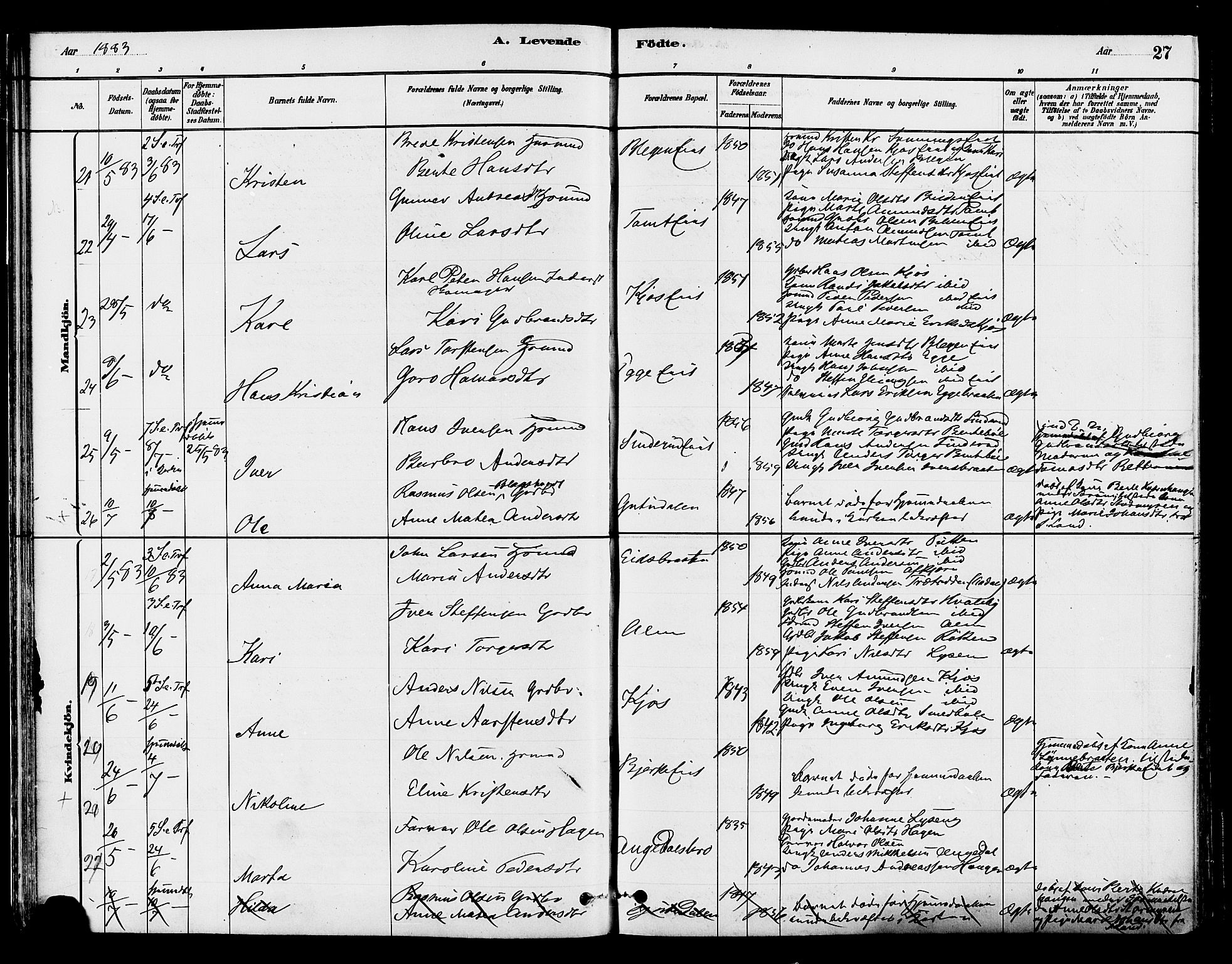 Gran prestekontor, AV/SAH-PREST-112/H/Ha/Haa/L0015: Parish register (official) no. 15, 1880-1888, p. 27