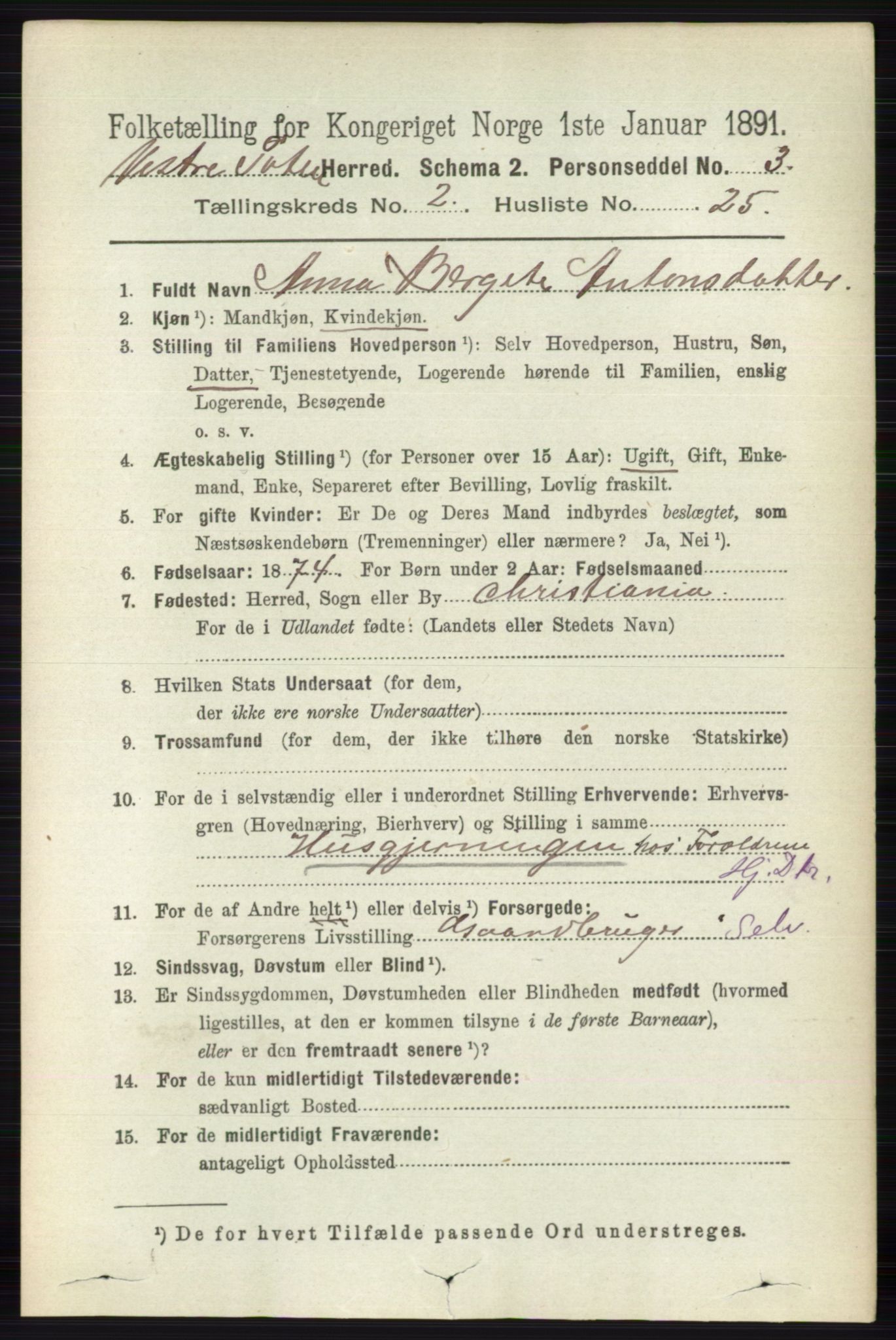 RA, 1891 census for 0529 Vestre Toten, 1891, p. 1539