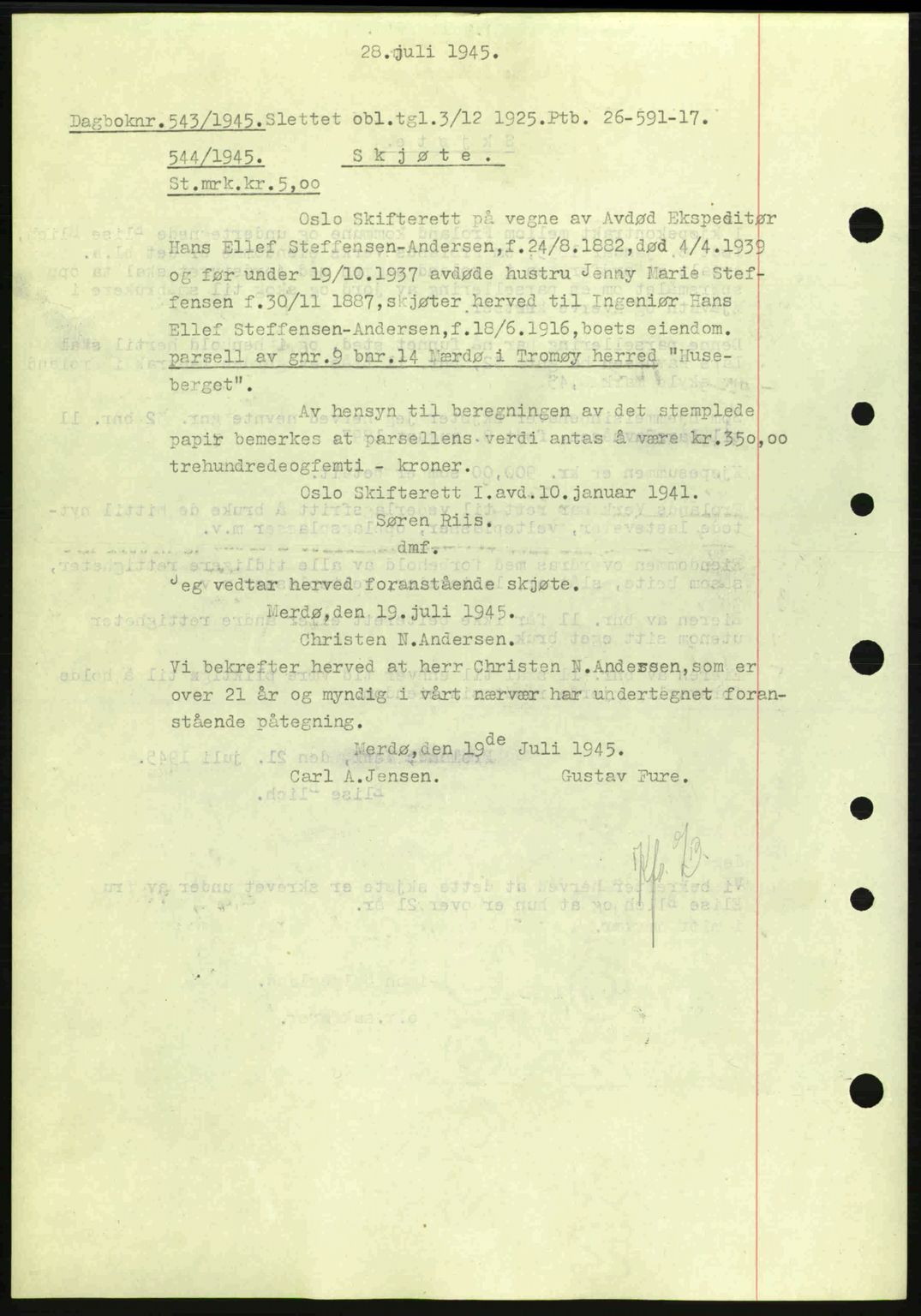 Nedenes sorenskriveri, AV/SAK-1221-0006/G/Gb/Gba/L0052: Mortgage book no. A6a, 1944-1945, Diary no: : 543/1945