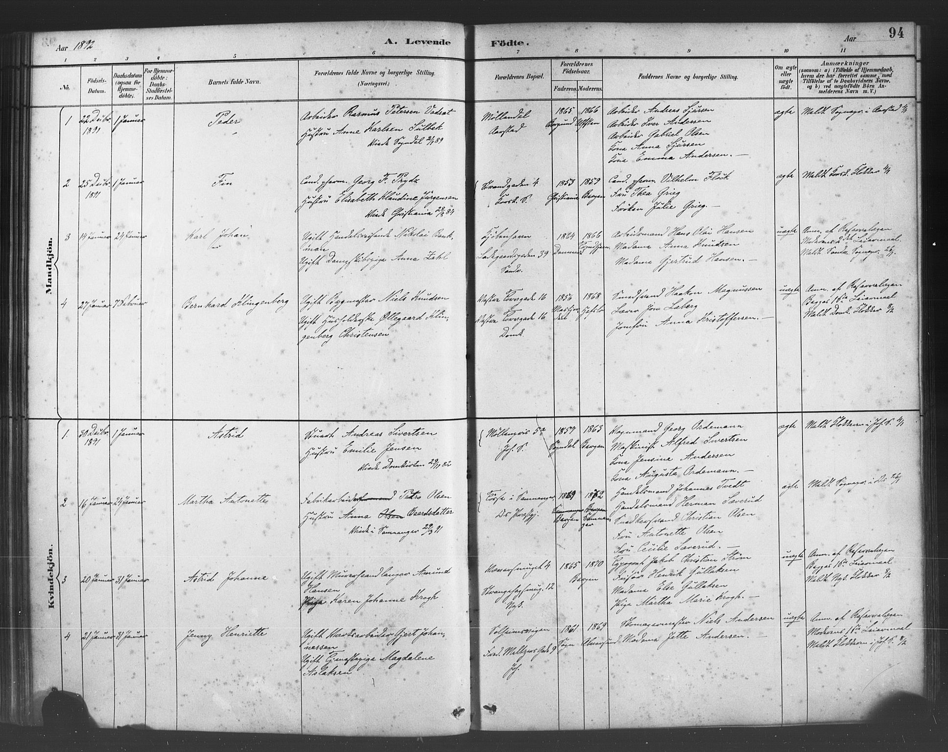 Fødselsstiftelsens sokneprestembete*, SAB/-: Parish register (official) no. A 2, 1884-1900, p. 94