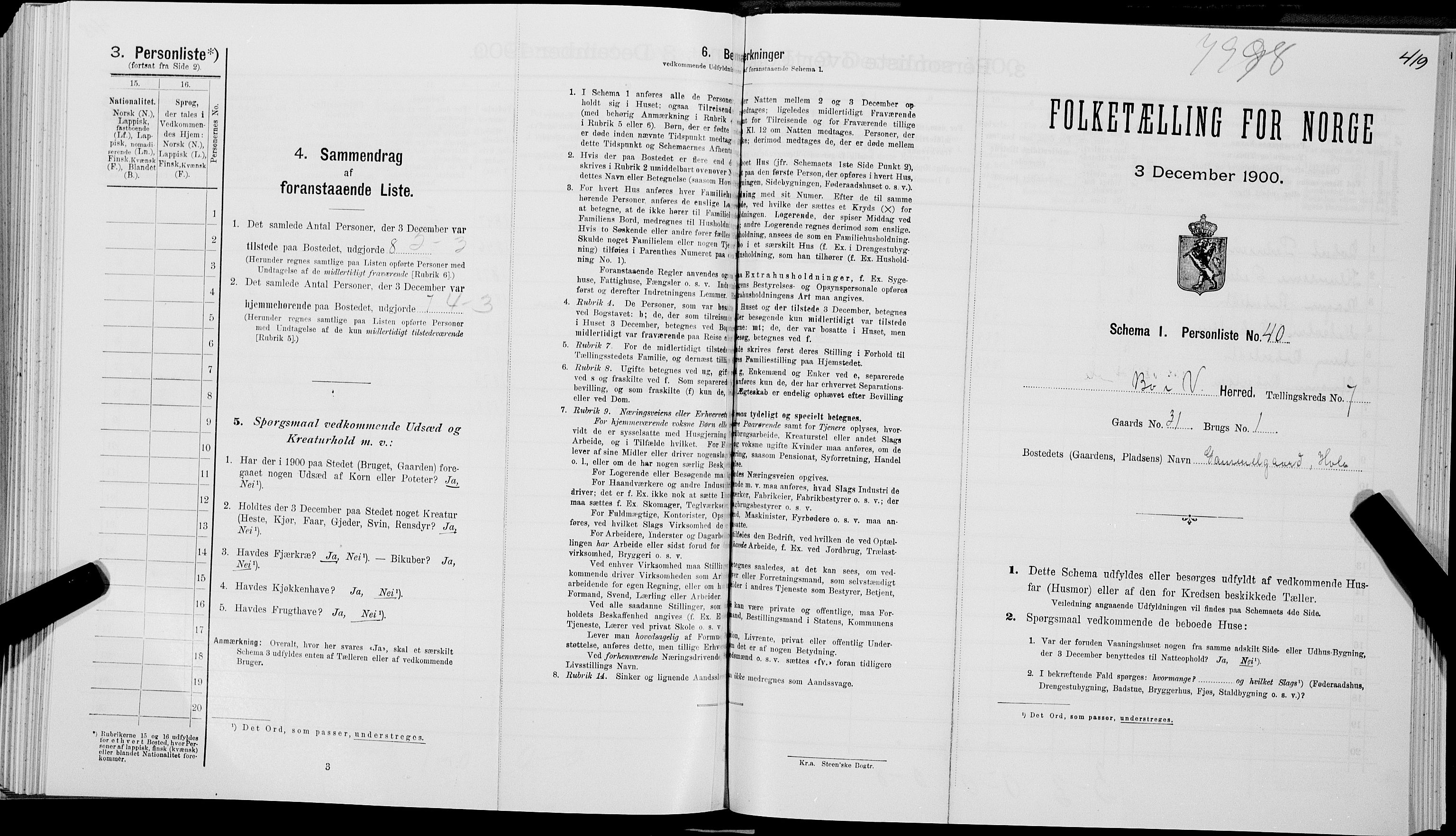 SAT, 1900 census for Bø, 1900, p. 830