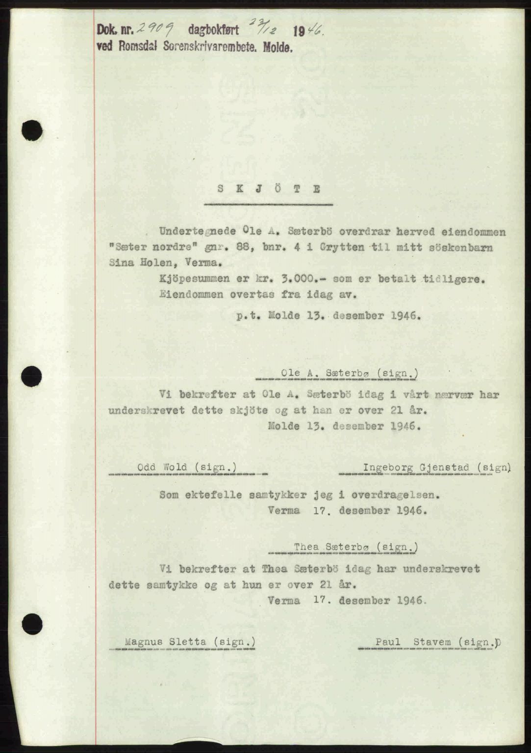 Romsdal sorenskriveri, AV/SAT-A-4149/1/2/2C: Mortgage book no. A21, 1946-1946, Diary no: : 2909/1946