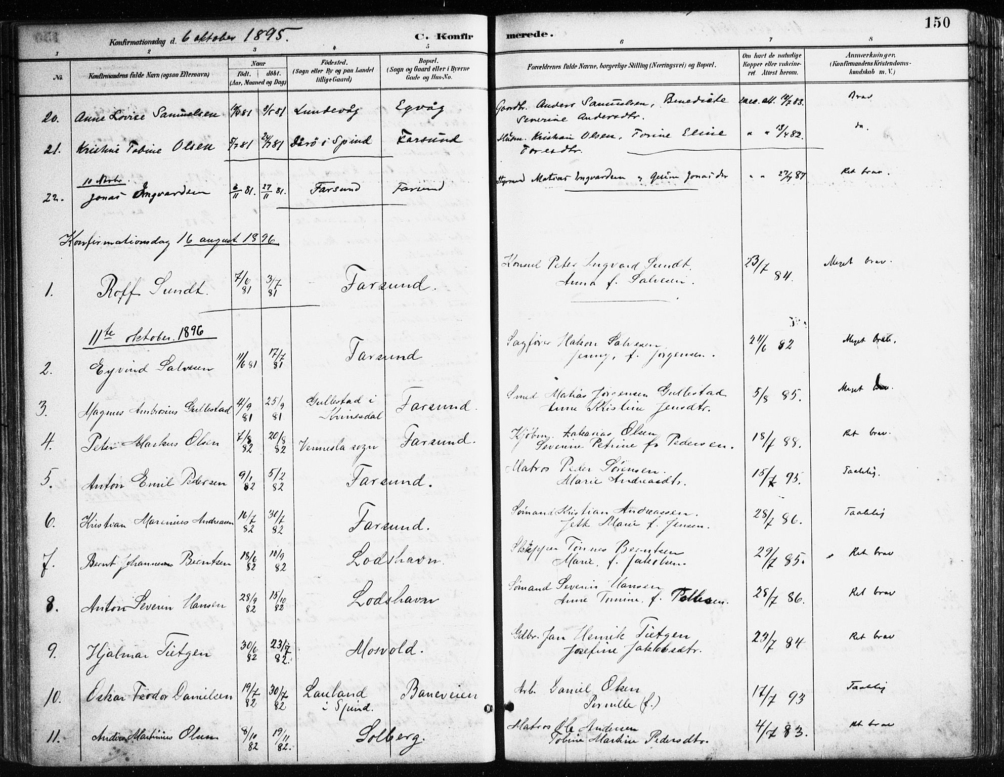 Farsund sokneprestkontor, SAK/1111-0009/F/Fa/L0006: Parish register (official) no. A 6, 1887-1920, p. 150