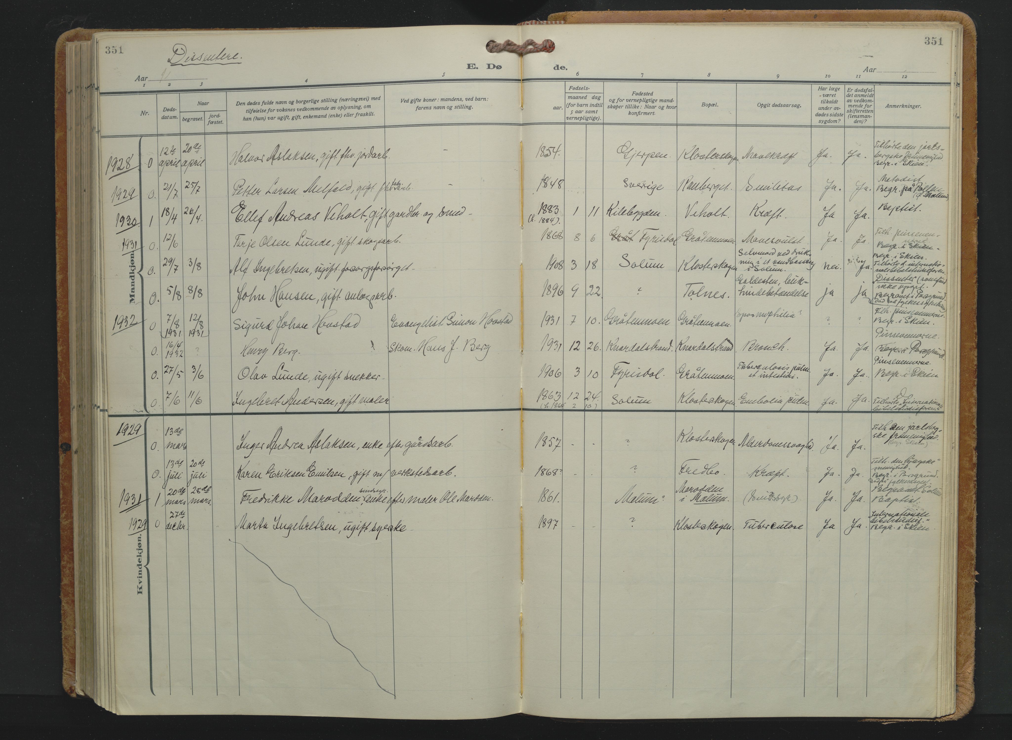 Solum kirkebøker, AV/SAKO-A-306/F/Fa/L0013: Parish register (official) no. I 13, 1923-1936, p. 351