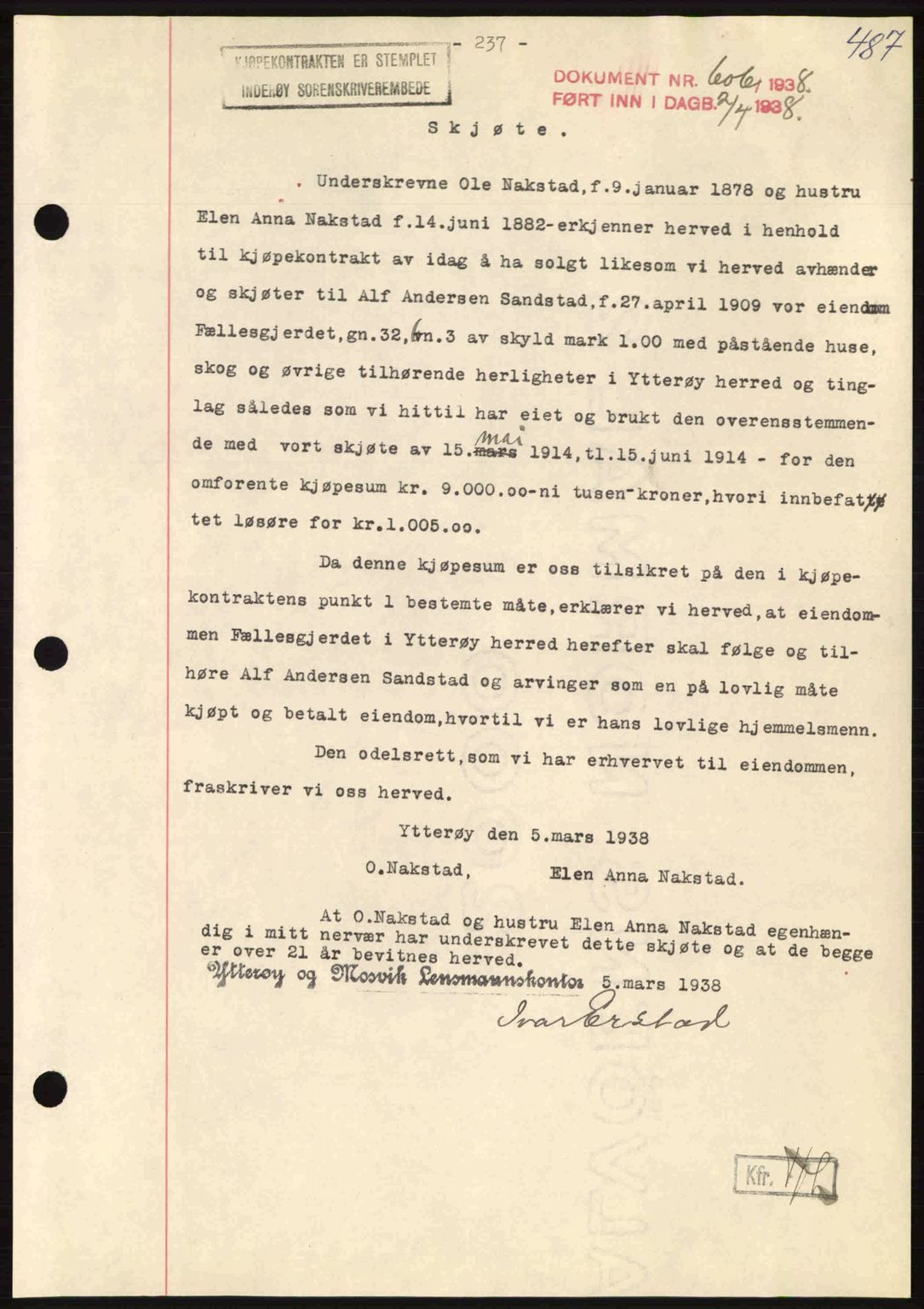 Inderøy sorenskriveri, AV/SAT-A-4147/1/2/2C: Mortgage book no. Y1, 1936-1950, Diary no: : 606/1938