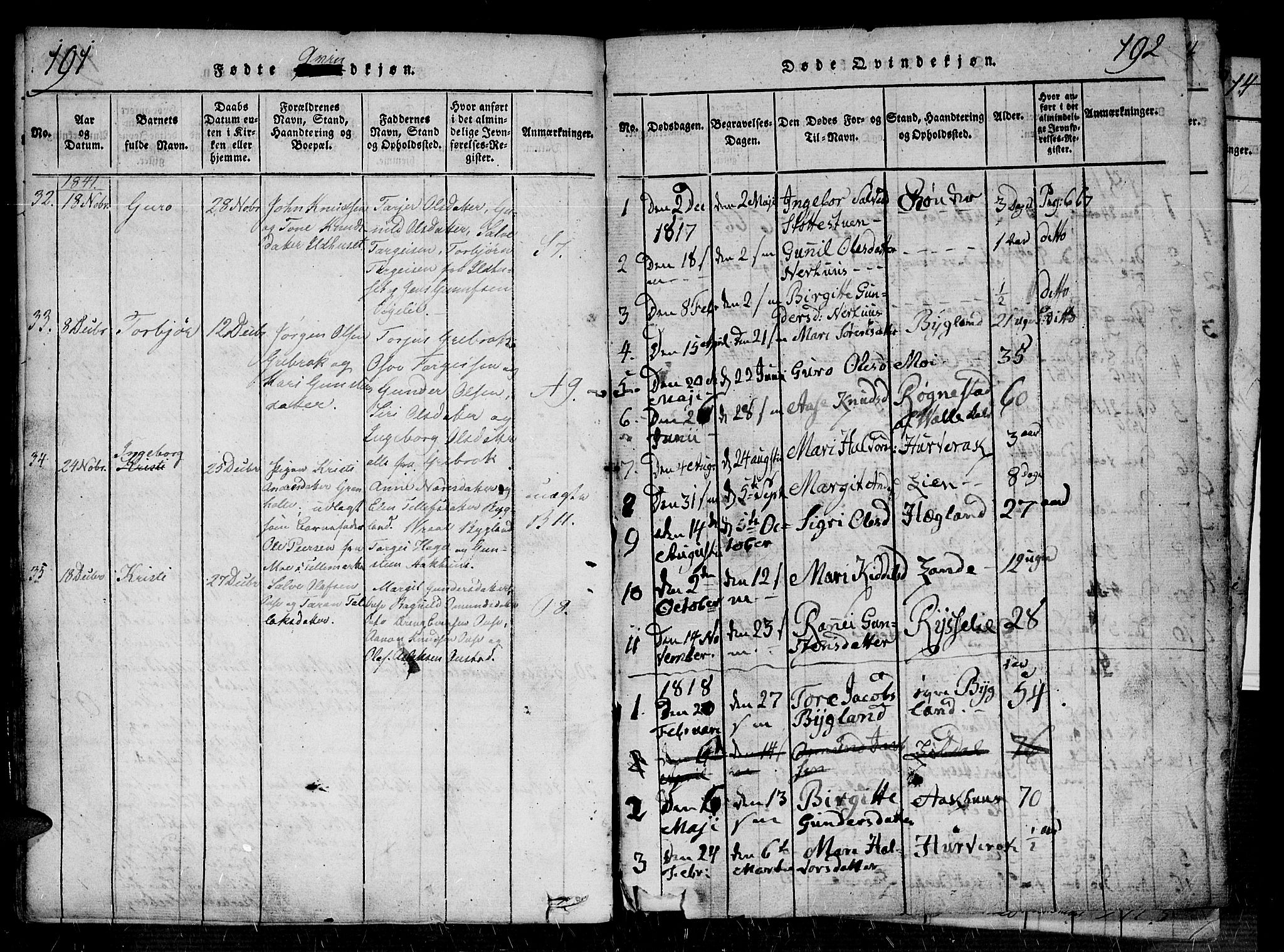 Bygland sokneprestkontor, SAK/1111-0006/F/Fa/Fab/L0003: Parish register (official) no. A 3, 1816-1841, p. 191-192