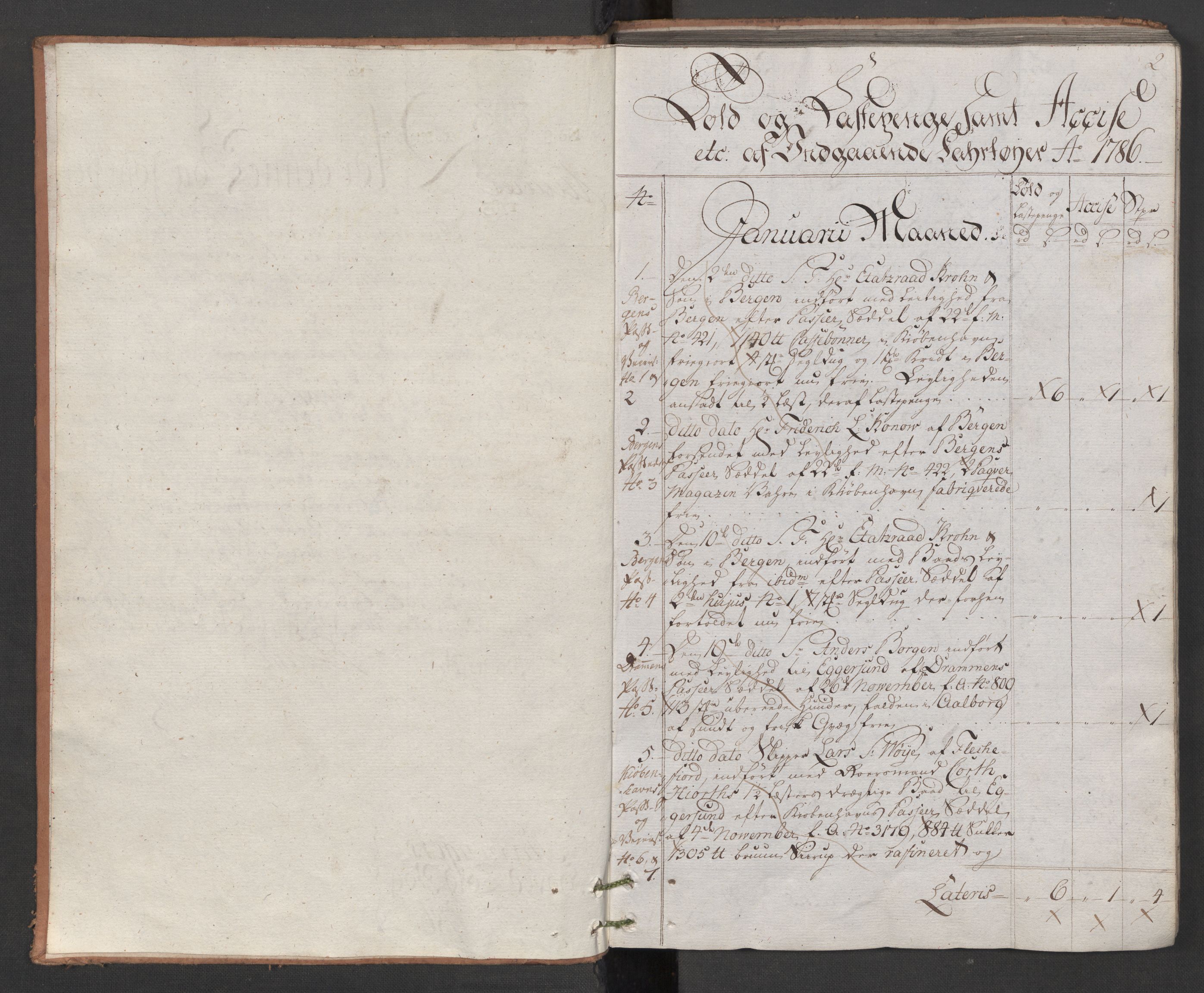 Generaltollkammeret, tollregnskaper, AV/RA-EA-5490/R22/L0048/0001: Tollregnskaper Stavanger / Hovedtollbok, 1786, p. 1b-2a