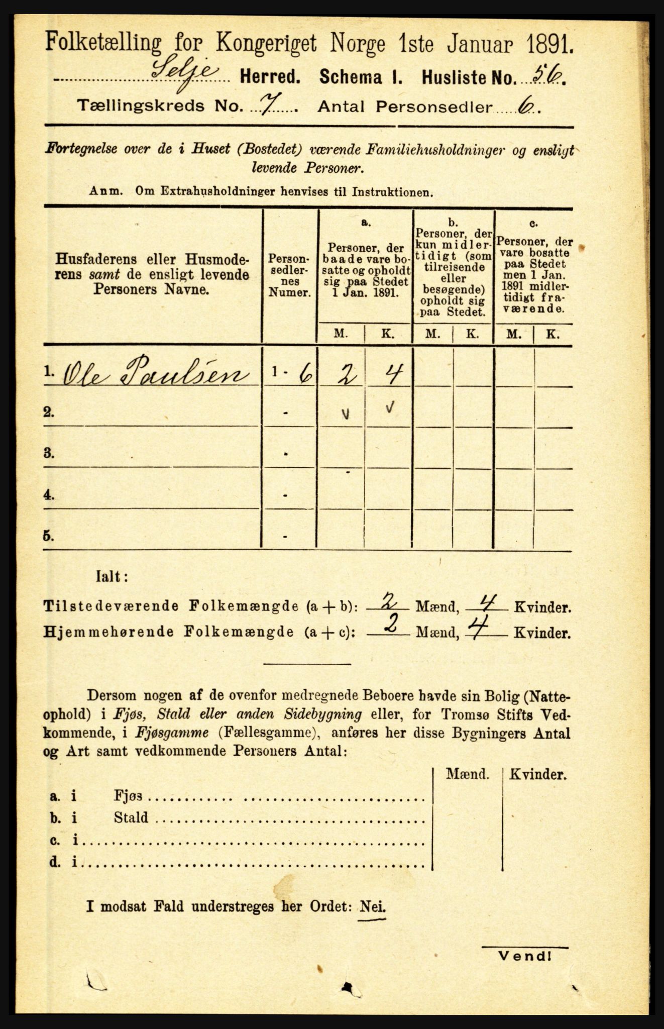 RA, 1891 census for 1441 Selje, 1891, p. 2000