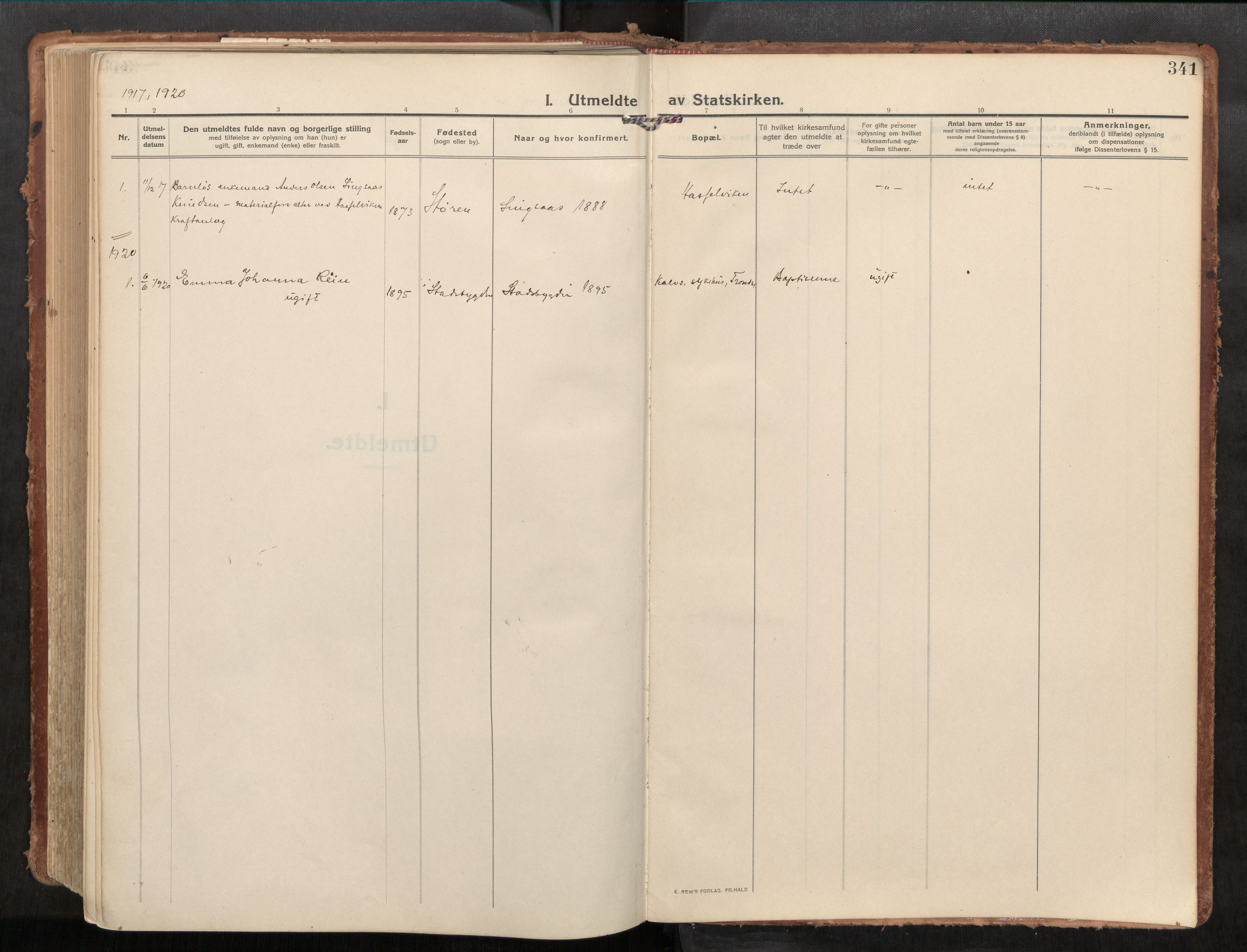 Stadsbygd sokneprestkontor, SAT/A-1117/1/I/I1/I1a/L0001: Parish register (official) no. 1, 1911-1929, p. 341