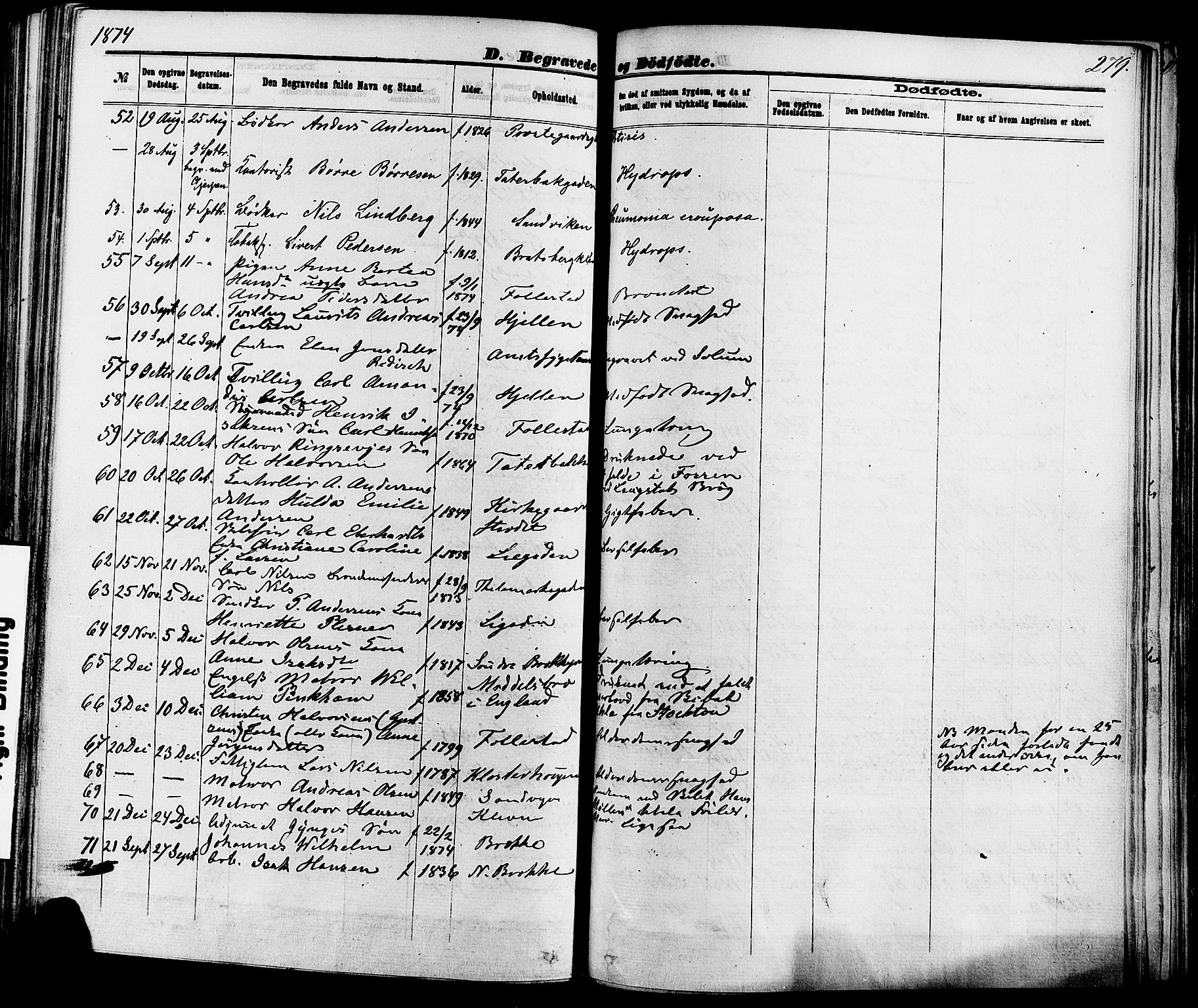 Skien kirkebøker, AV/SAKO-A-302/F/Fa/L0008: Parish register (official) no. 8, 1866-1877, p. 279