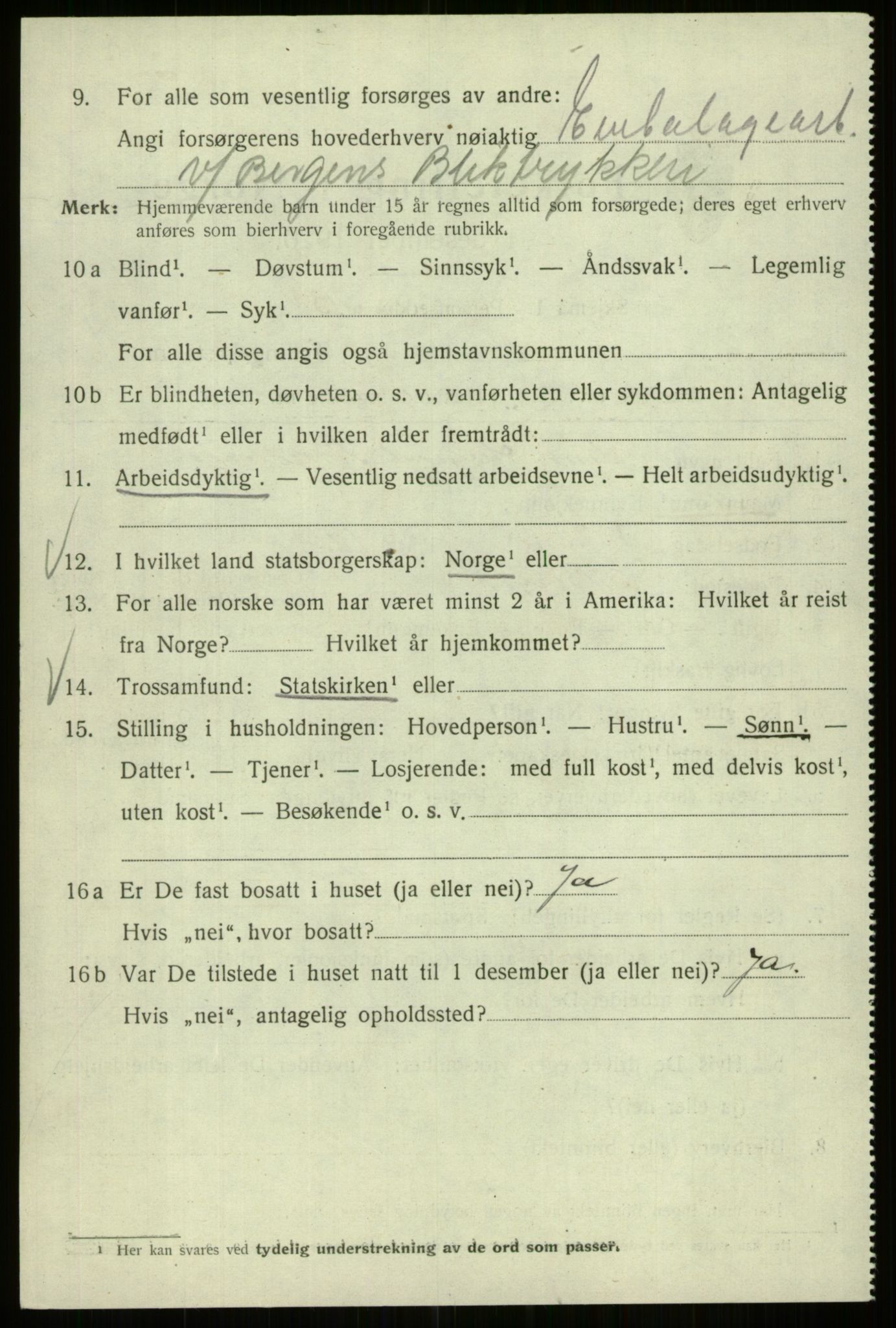 SAB, 1920 census for Bergen, 1920, p. 226745