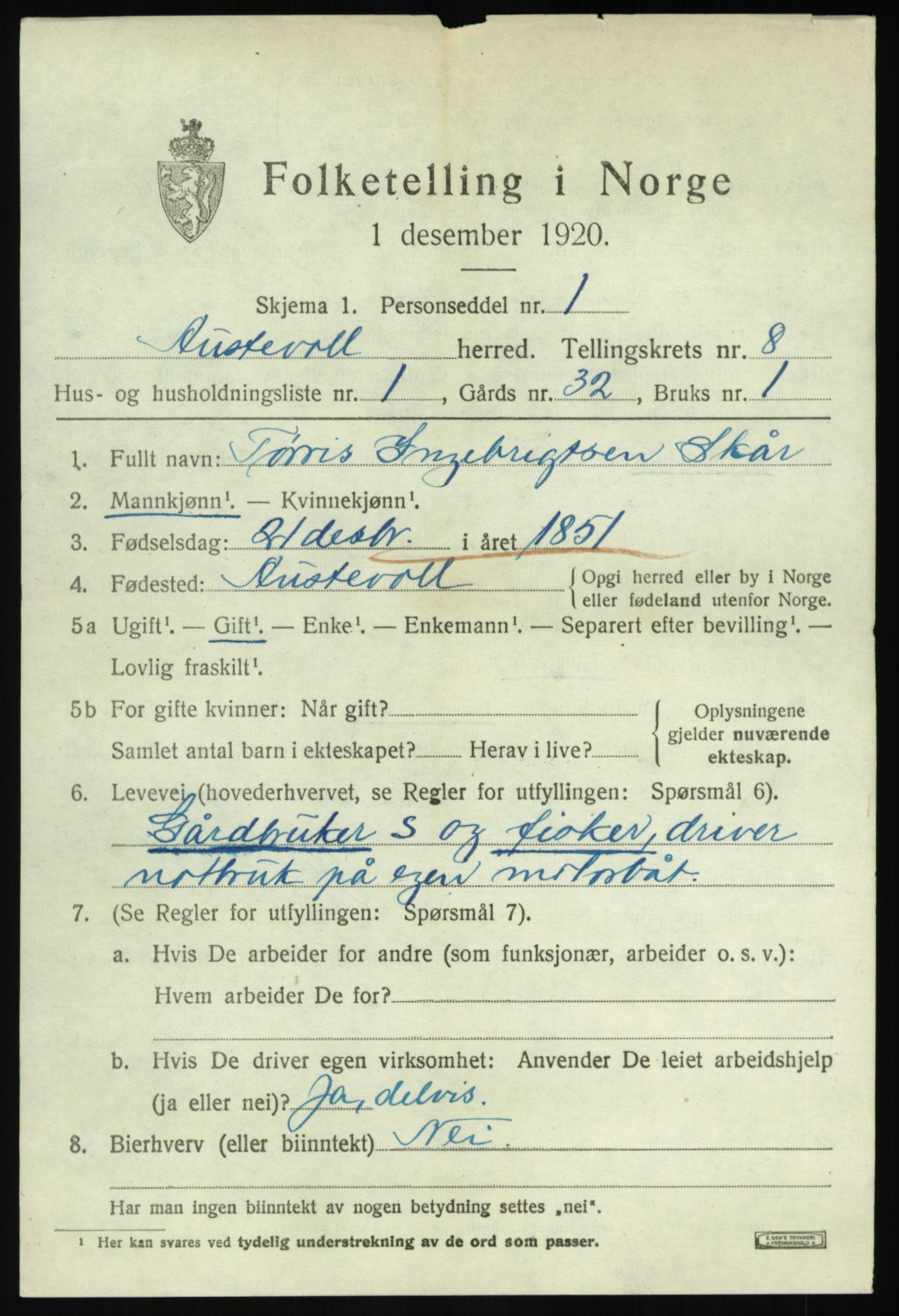 SAB, 1920 census for Austevoll, 1920, p. 3830