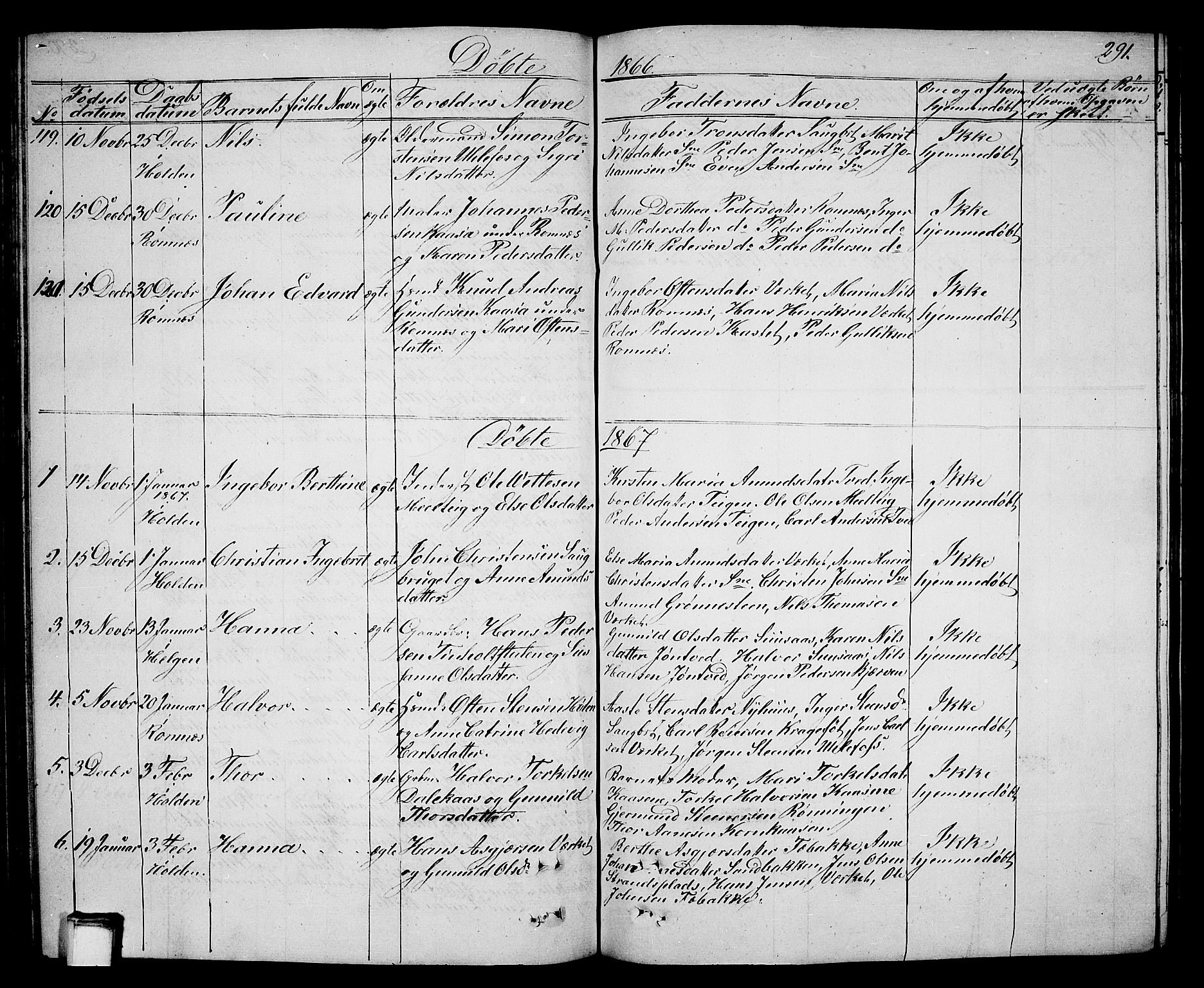 Holla kirkebøker, SAKO/A-272/G/Ga/L0003: Parish register (copy) no. I 3, 1849-1866, p. 291