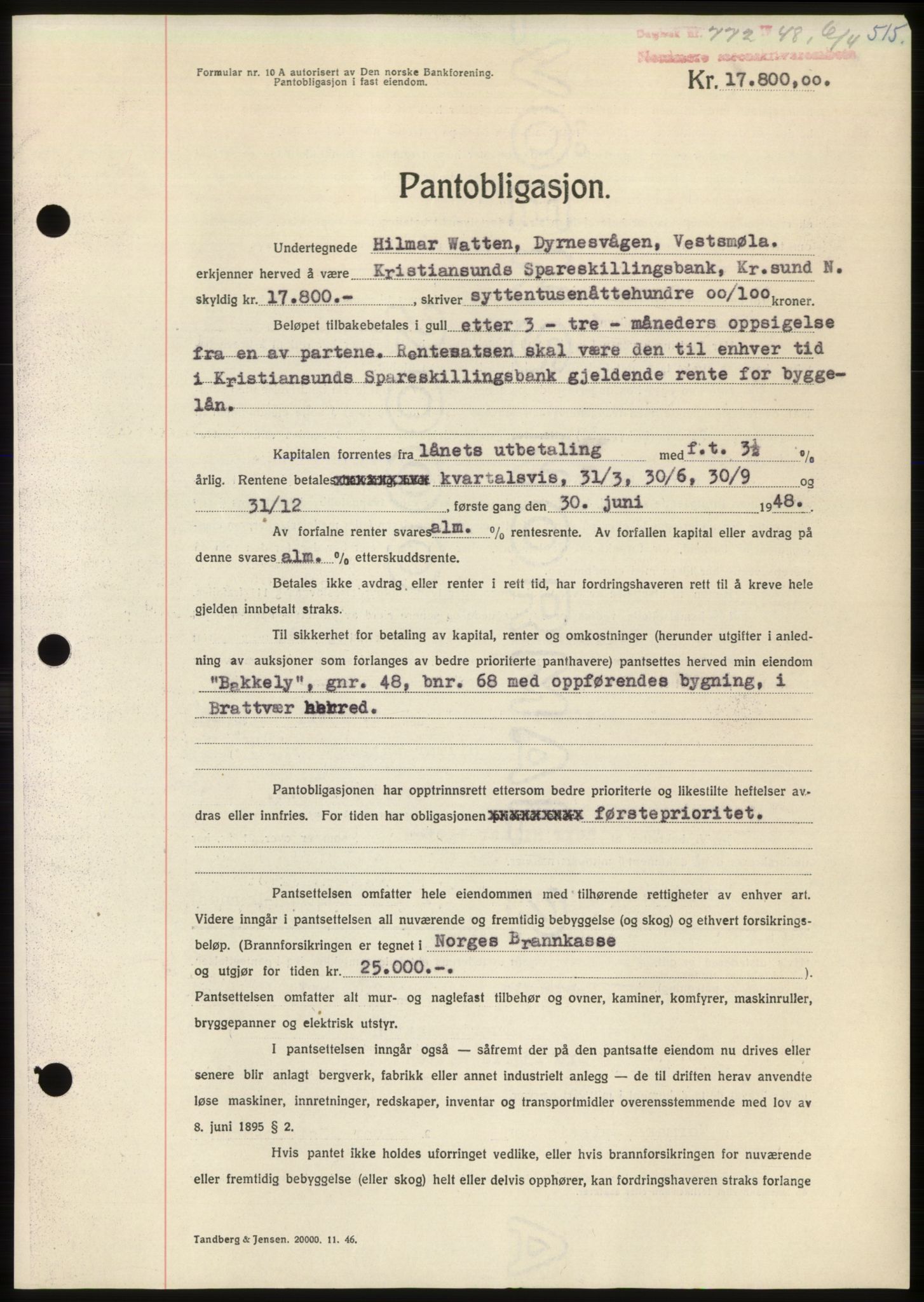 Nordmøre sorenskriveri, AV/SAT-A-4132/1/2/2Ca: Mortgage book no. B98, 1948-1948, Diary no: : 772/1948