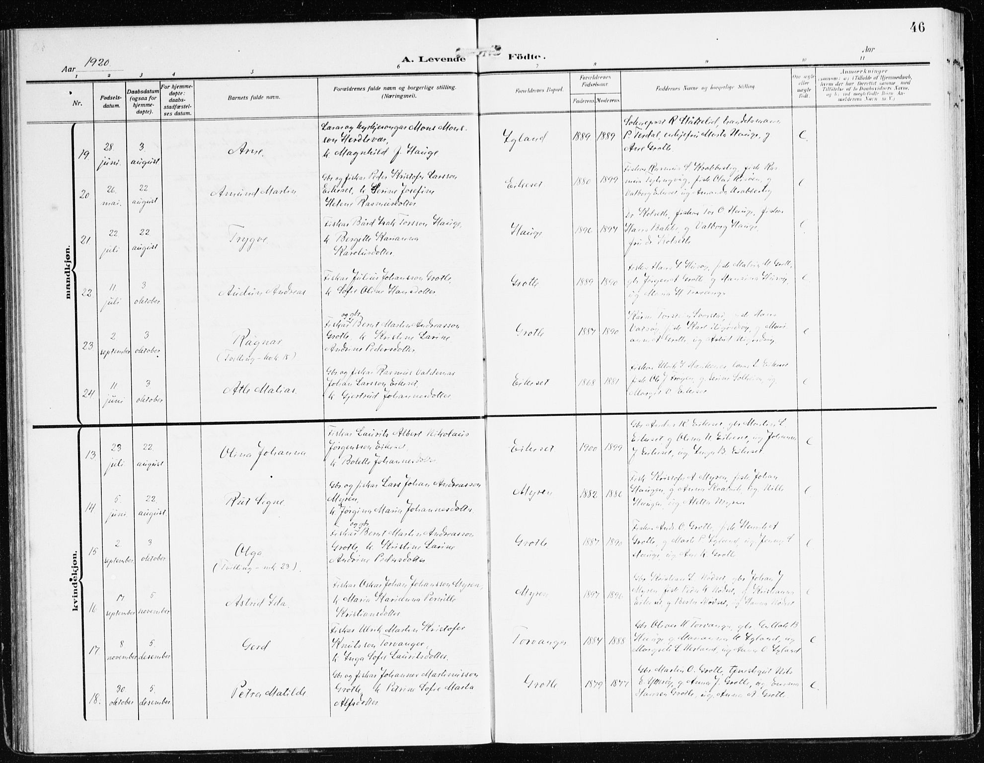 Bremanger sokneprestembete, AV/SAB-A-82201/H/Haa/Haac/L0001: Parish register (official) no. C 1, 1908-1921, p. 46