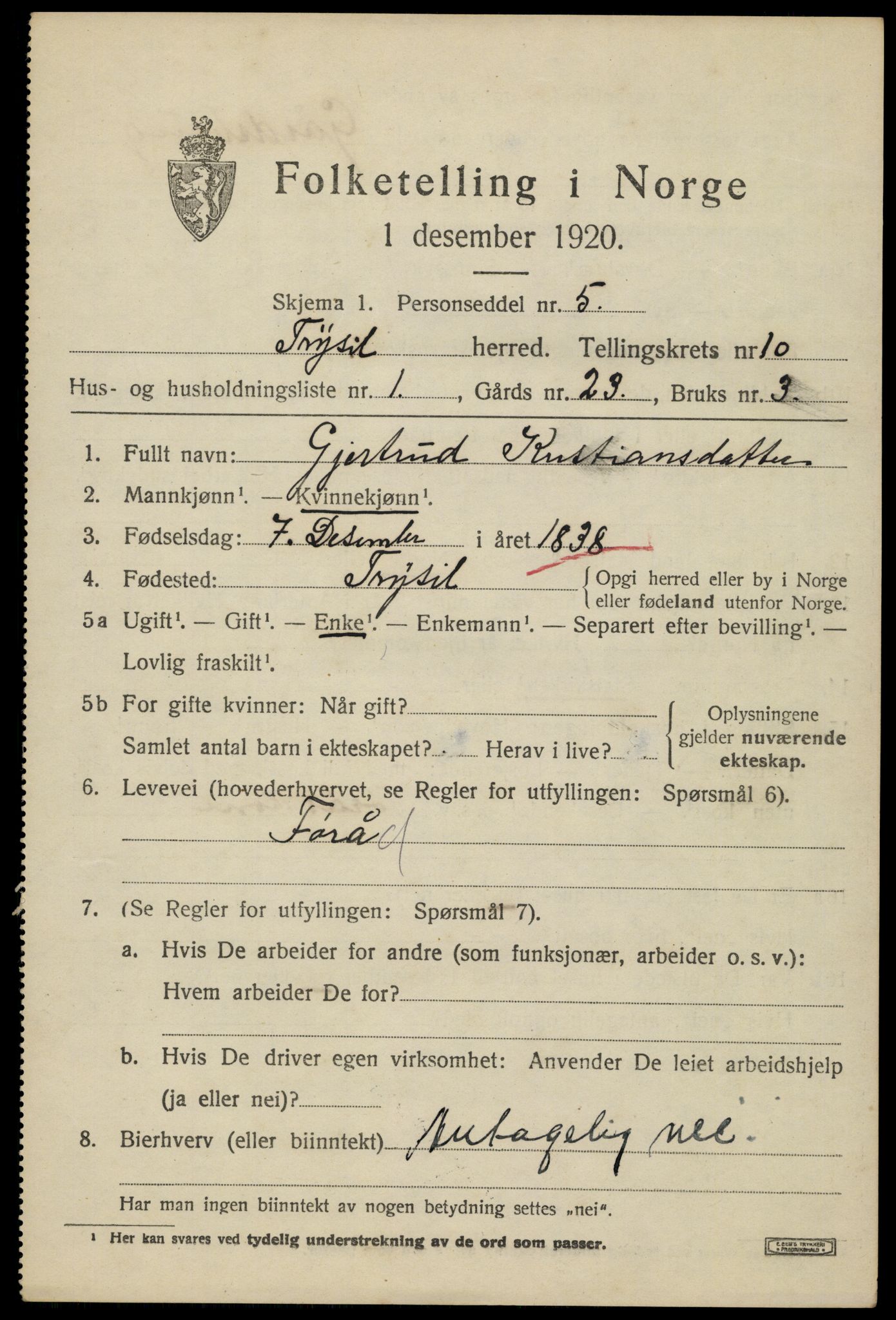 SAH, 1920 census for Trysil, 1920, p. 6871