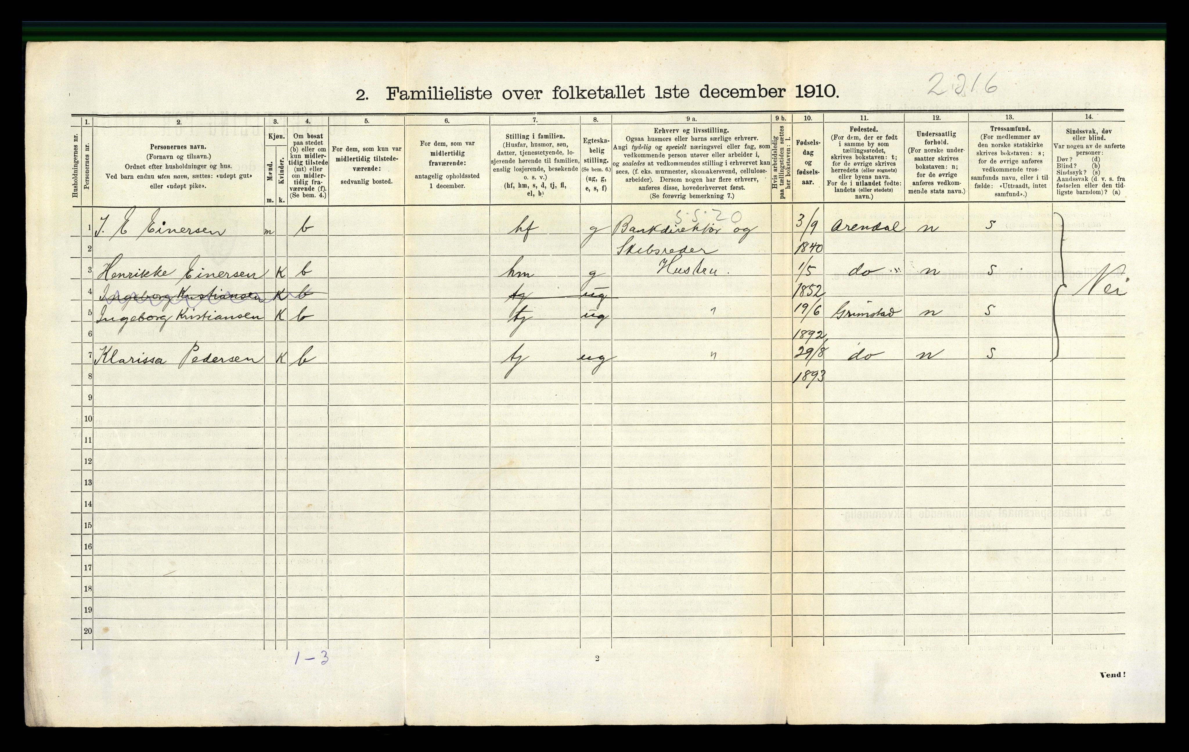 RA, 1910 census for Grimstad, 1910, p. 1001