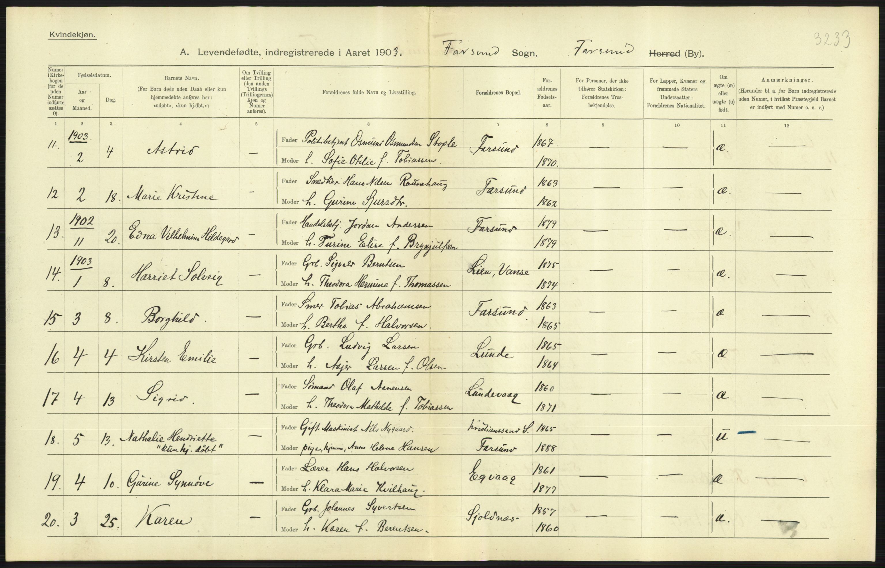 Statistisk sentralbyrå, Sosiodemografiske emner, Befolkning, AV/RA-S-2228/D/Df/Dfa/Dfaa/L0011: Lister og Mandal amt: Fødte, gifte, døde, 1903, p. 217