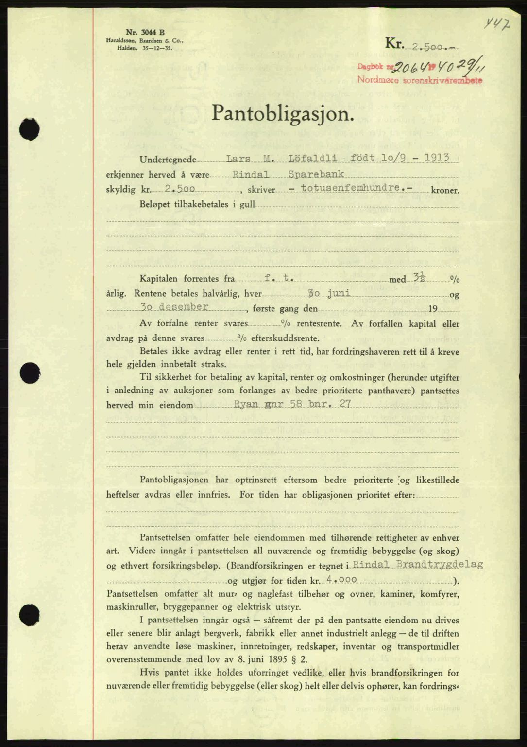 Nordmøre sorenskriveri, AV/SAT-A-4132/1/2/2Ca: Mortgage book no. B87, 1940-1941, Diary no: : 2064/1940