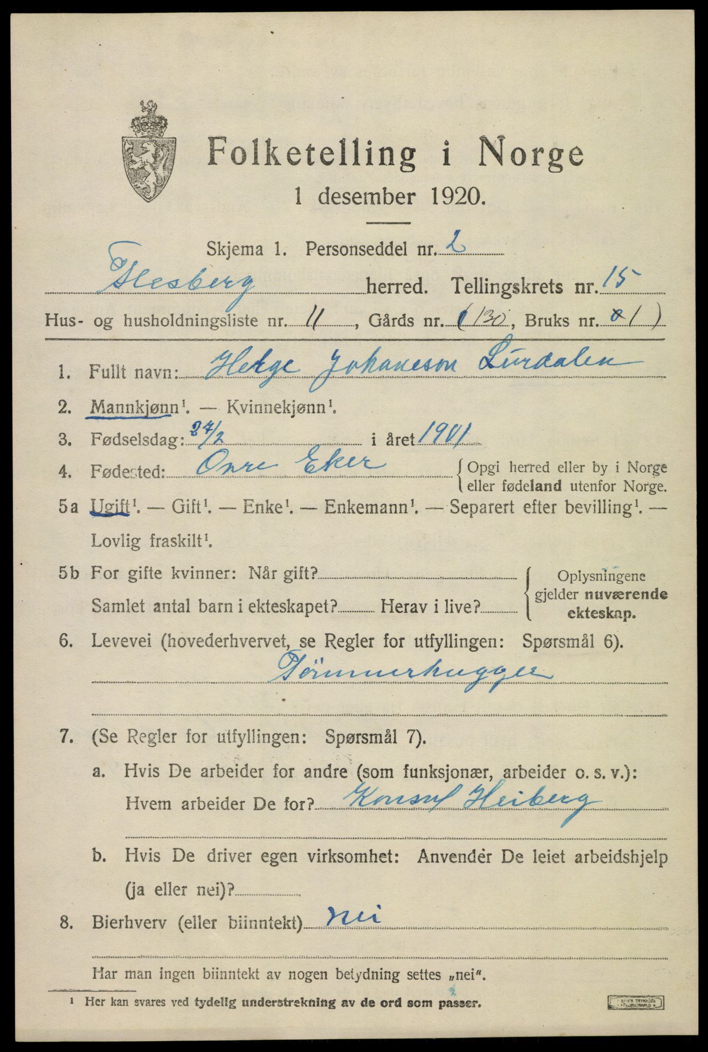 SAKO, 1920 census for Flesberg, 1920, p. 4997
