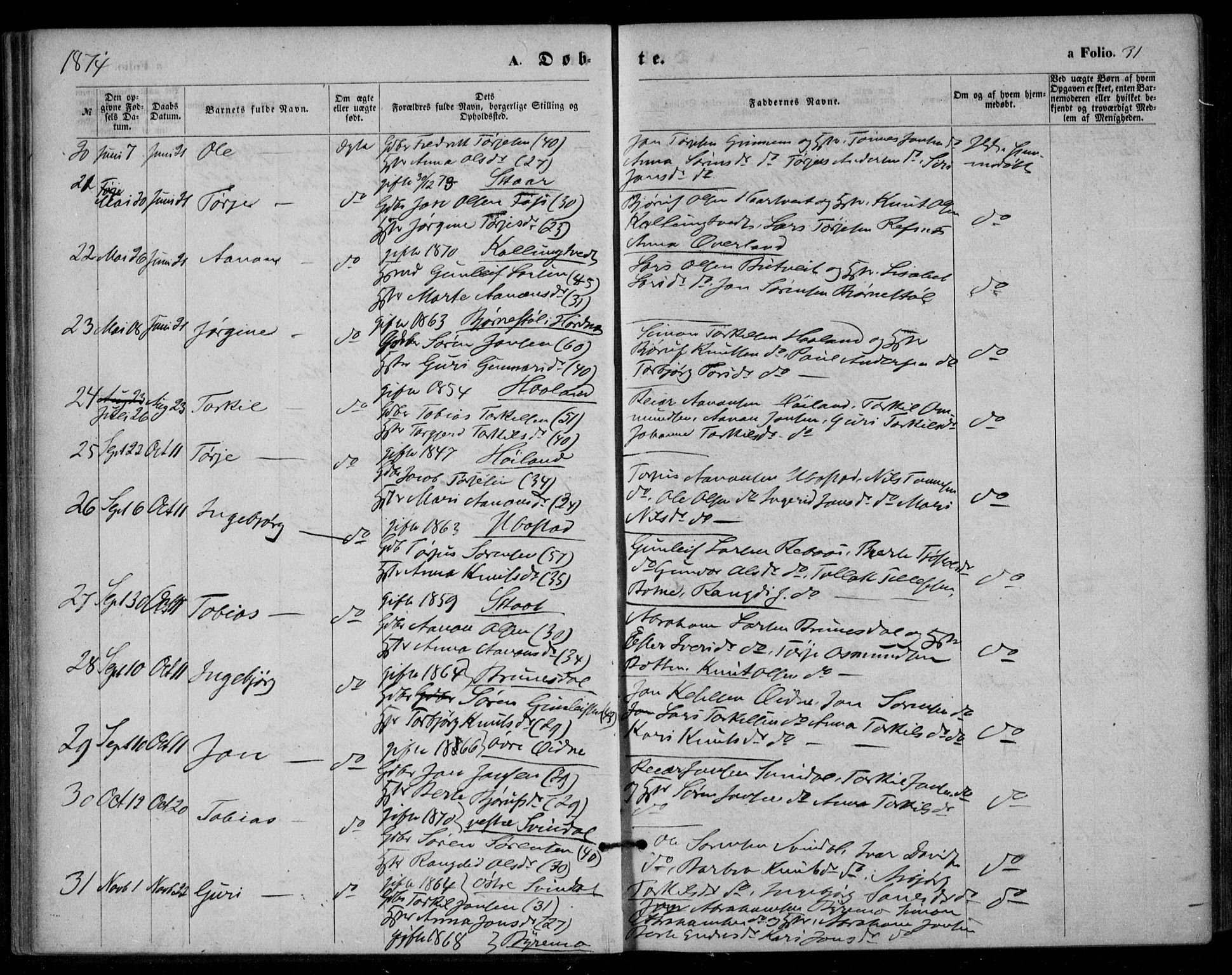 Bjelland sokneprestkontor, SAK/1111-0005/F/Fa/Fac/L0002: Parish register (official) no. A 2, 1866-1887, p. 31