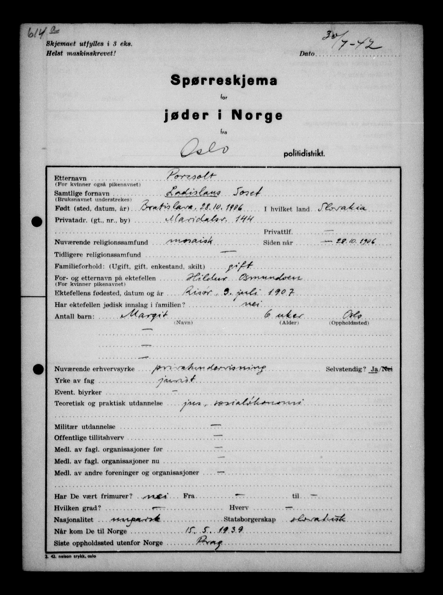 Statspolitiet - Hovedkontoret / Osloavdelingen, AV/RA-S-1329/G/Ga/L0011: Spørreskjema for jøder i Norge. 1: Oslo 610-806 (Plavnik-Zwillinger). 2: Aker 1-113 (Adler-Lewin). , 1942, p. 18