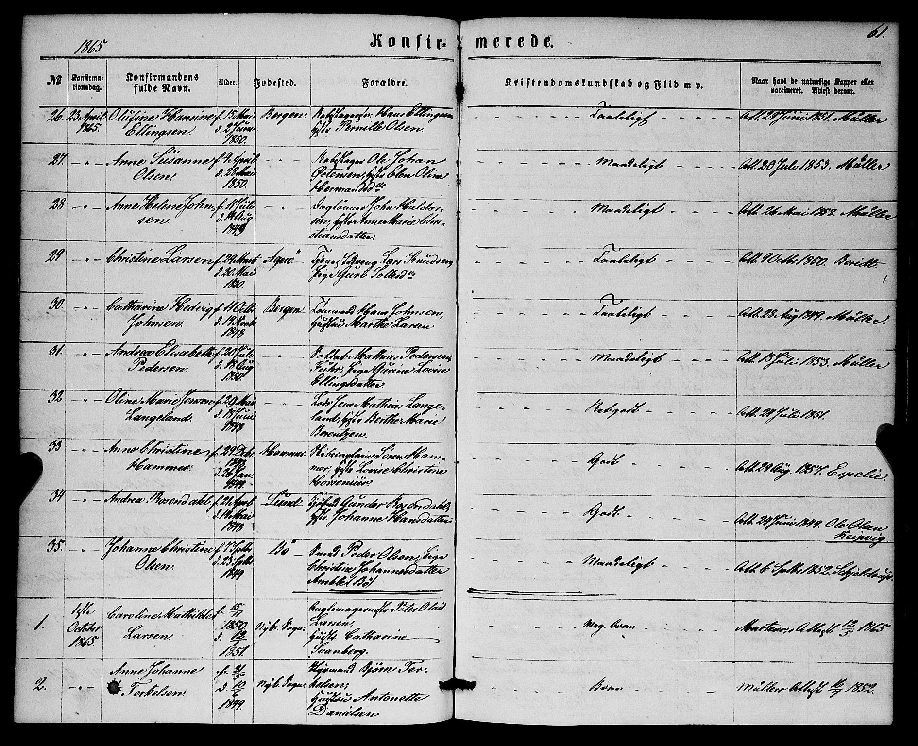 Nykirken Sokneprestembete, SAB/A-77101/H/Haa/L0024: Parish register (official) no. C 3, 1864-1870, p. 61