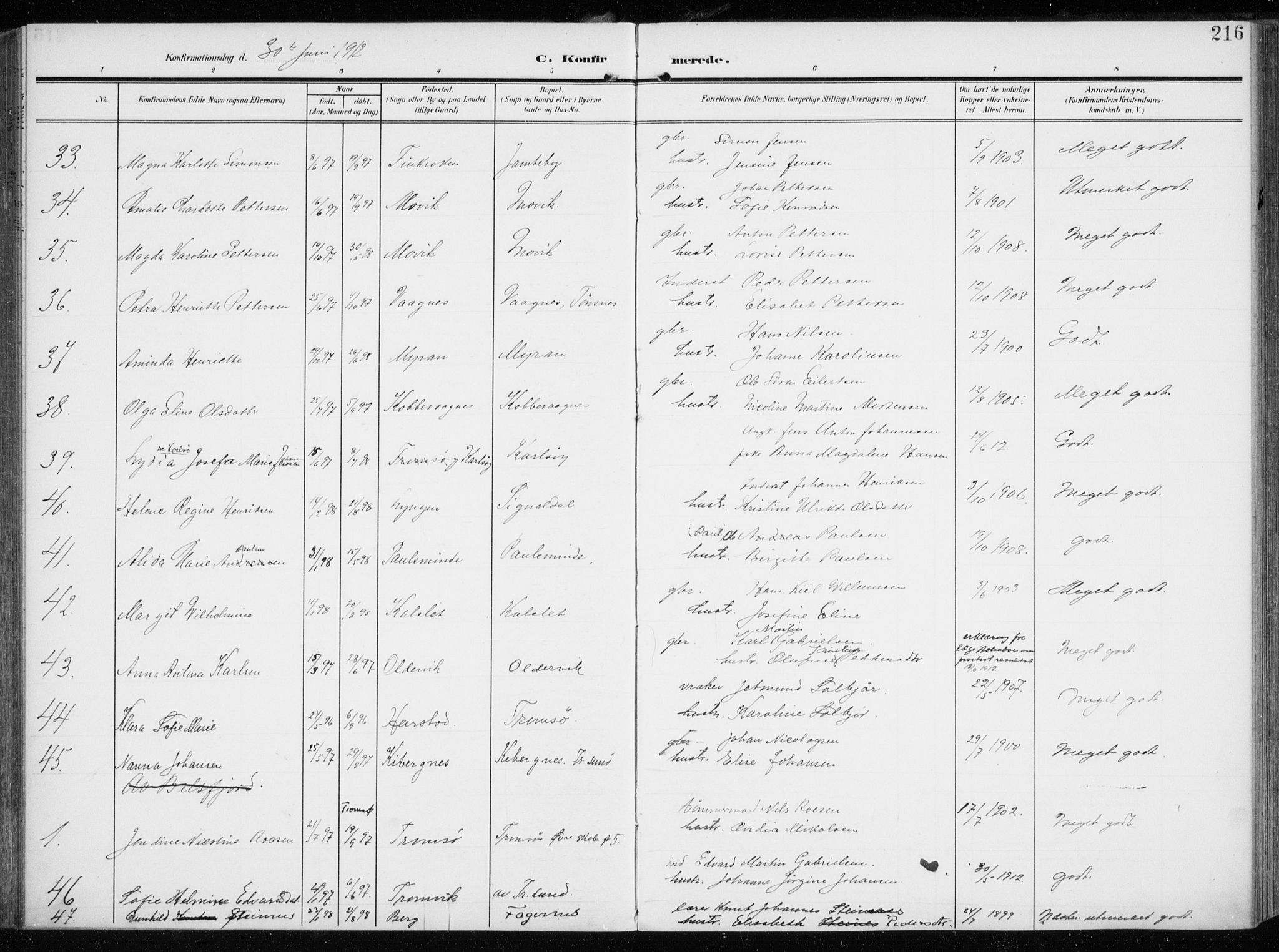 Tromsøysund sokneprestkontor, AV/SATØ-S-1304/G/Ga/L0007kirke: Parish register (official) no. 7, 1907-1914, p. 216