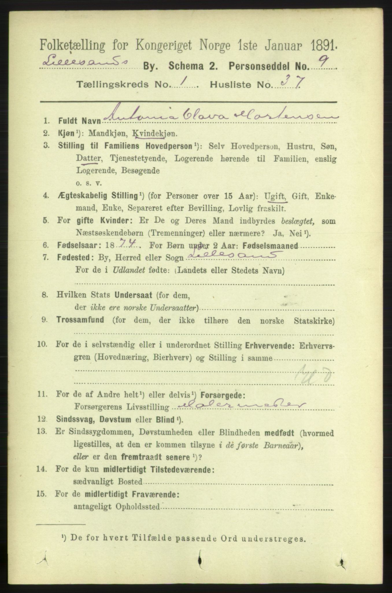 RA, 1891 census for 0905 Lillesand, 1891, p. 264