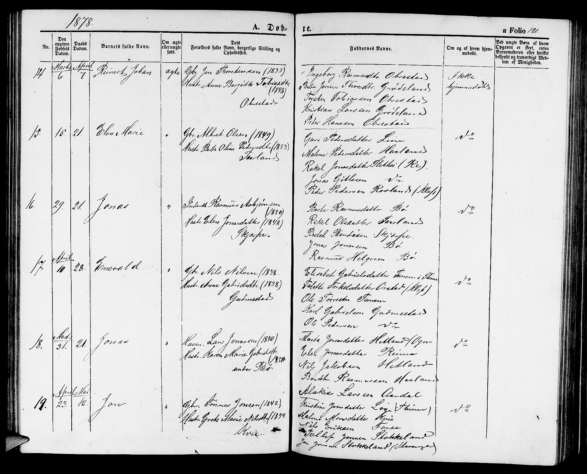 Hå sokneprestkontor, AV/SAST-A-101801/001/30BB/L0001: Parish register (copy) no. B 1, 1854-1883, p. 120