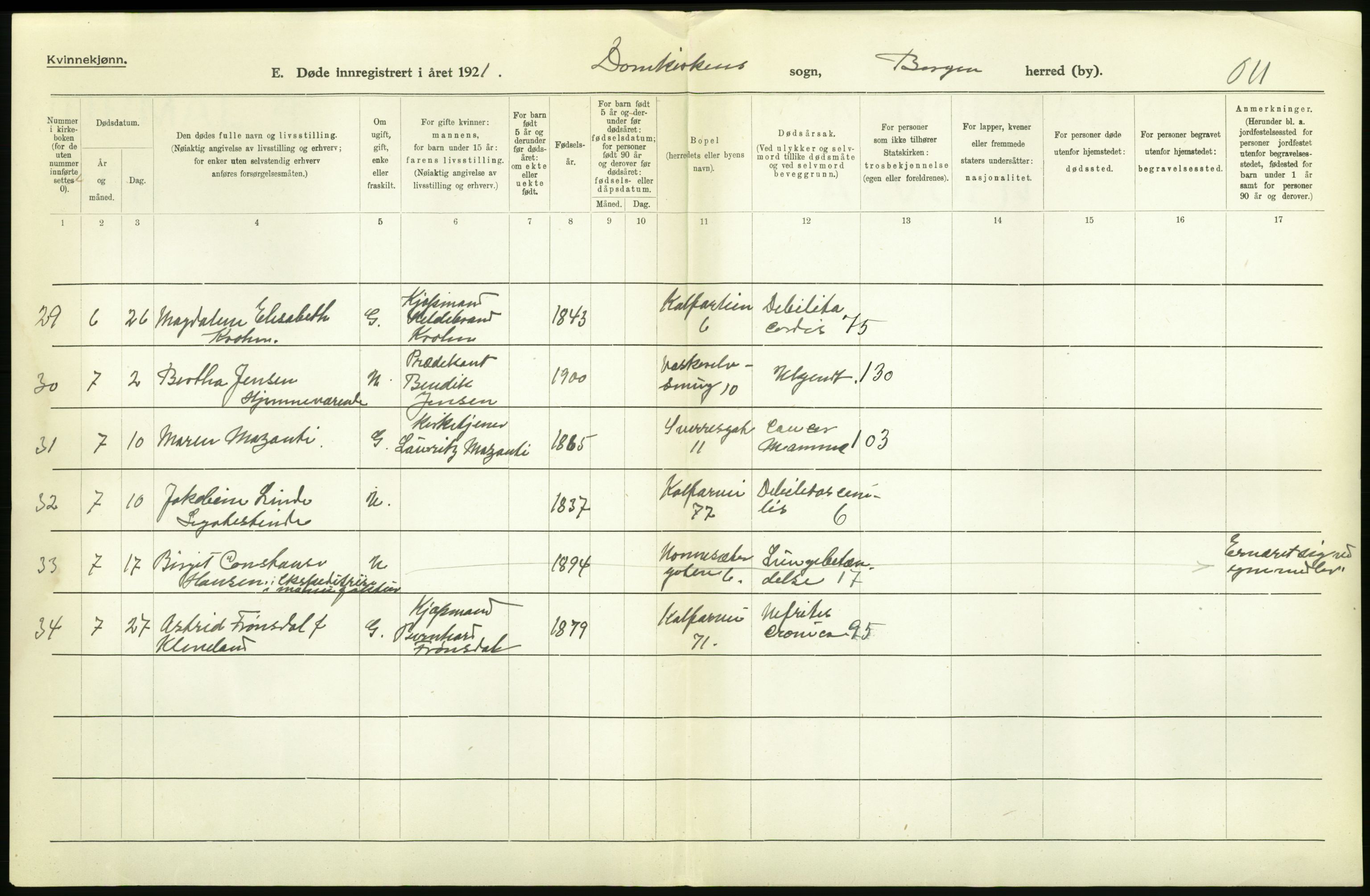 Statistisk sentralbyrå, Sosiodemografiske emner, Befolkning, AV/RA-S-2228/D/Df/Dfc/Dfca/L0036: Bergen: Døde., 1921, p. 216