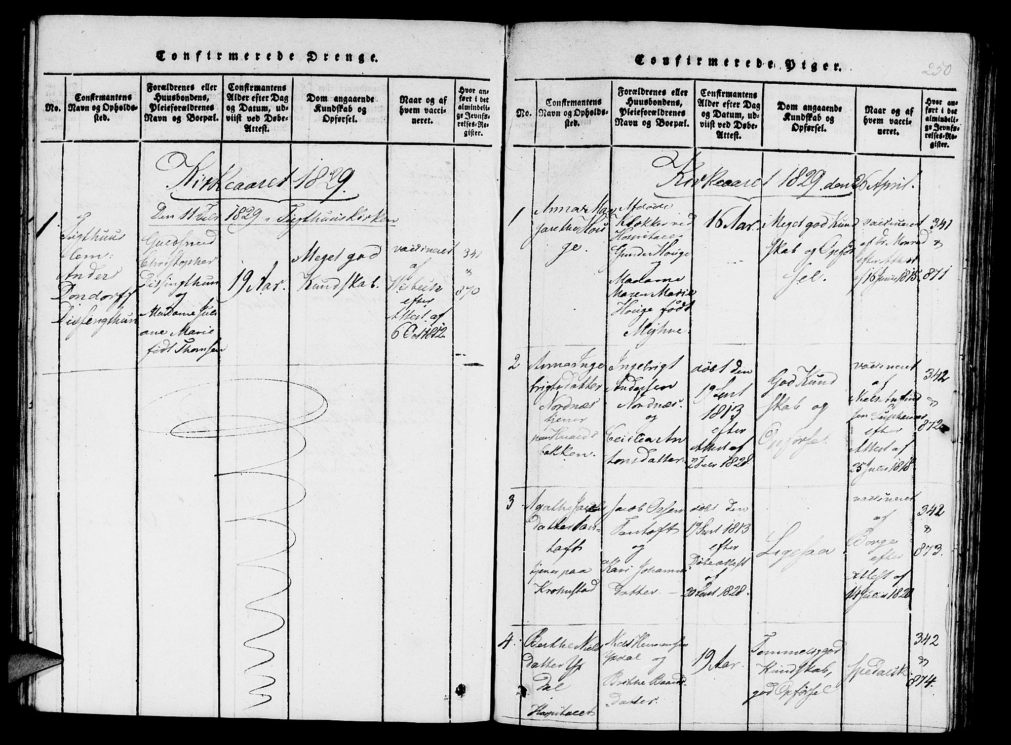 St. Jørgens hospital og Årstad sokneprestembete, AV/SAB-A-99934: Parish register (copy) no. A 1, 1816-1843, p. 250