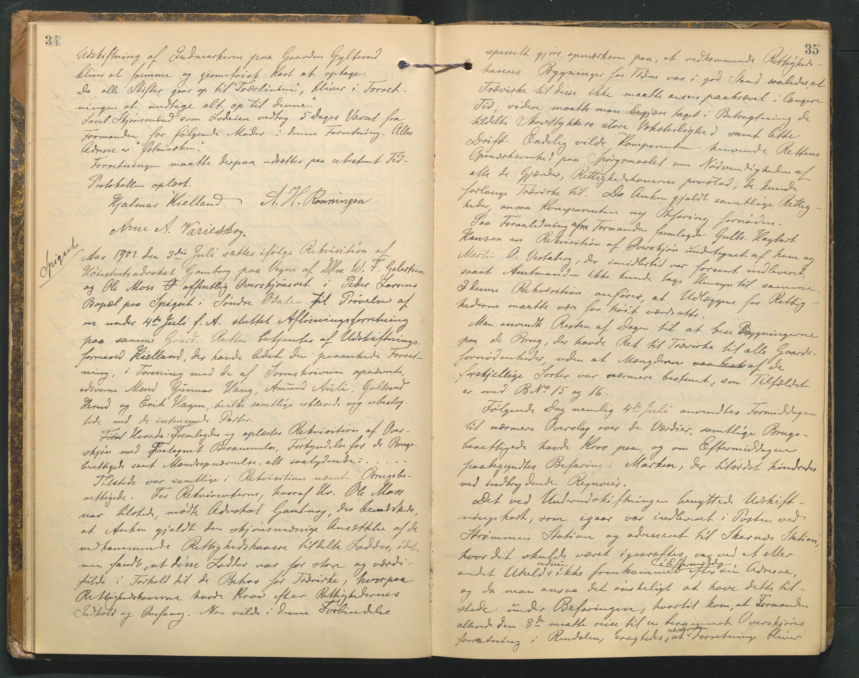 Hedmark og Østerdal jordskifterett, AV/SAH-JORDSKIFTEH-002/G/Ga/L0003/0001: Rettsbøker / Rettsbok - K, 1901-1913, p. 34-35