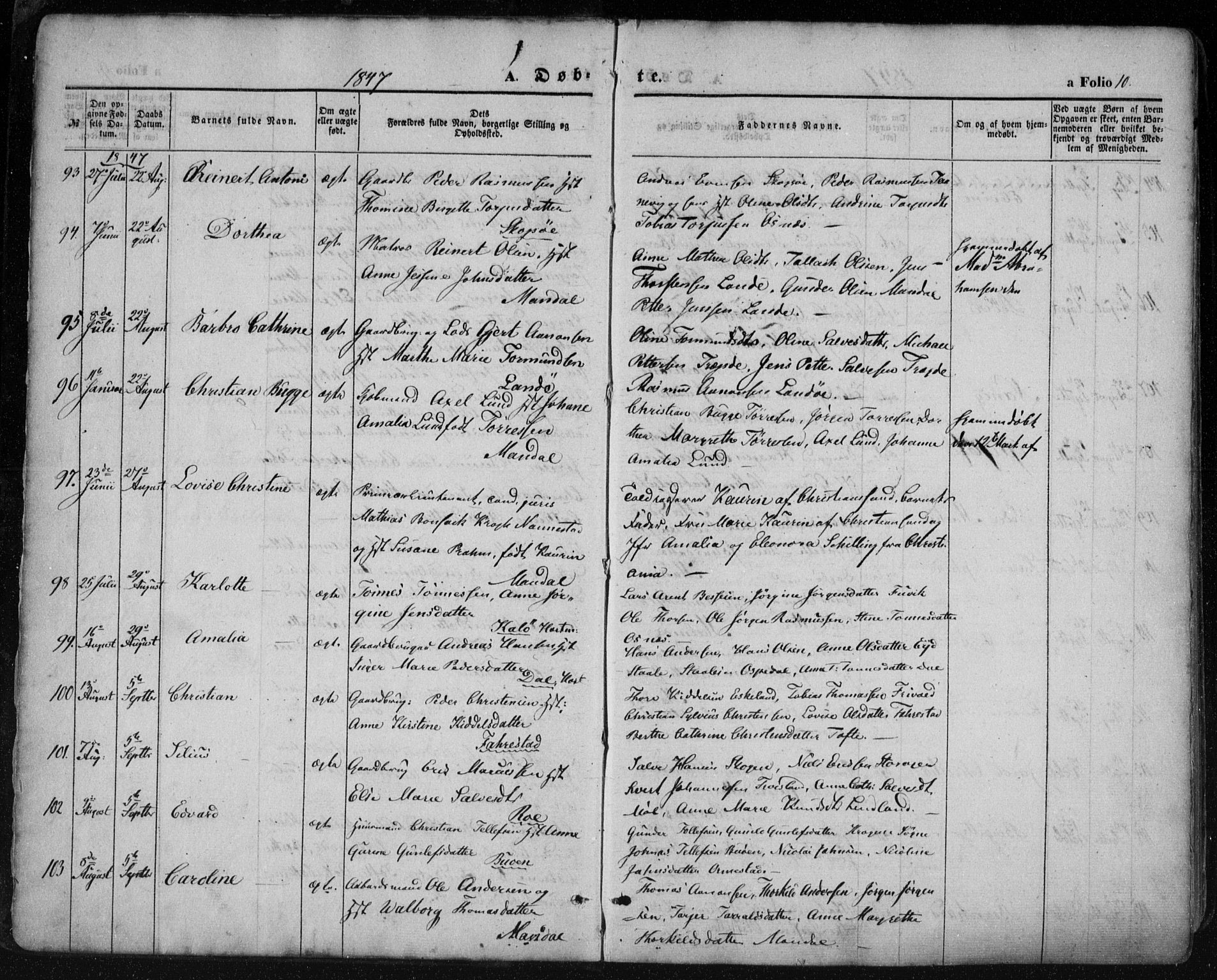 Mandal sokneprestkontor, AV/SAK-1111-0030/F/Fa/Faa/L0013: Parish register (official) no. A 13, 1847-1859, p. 10