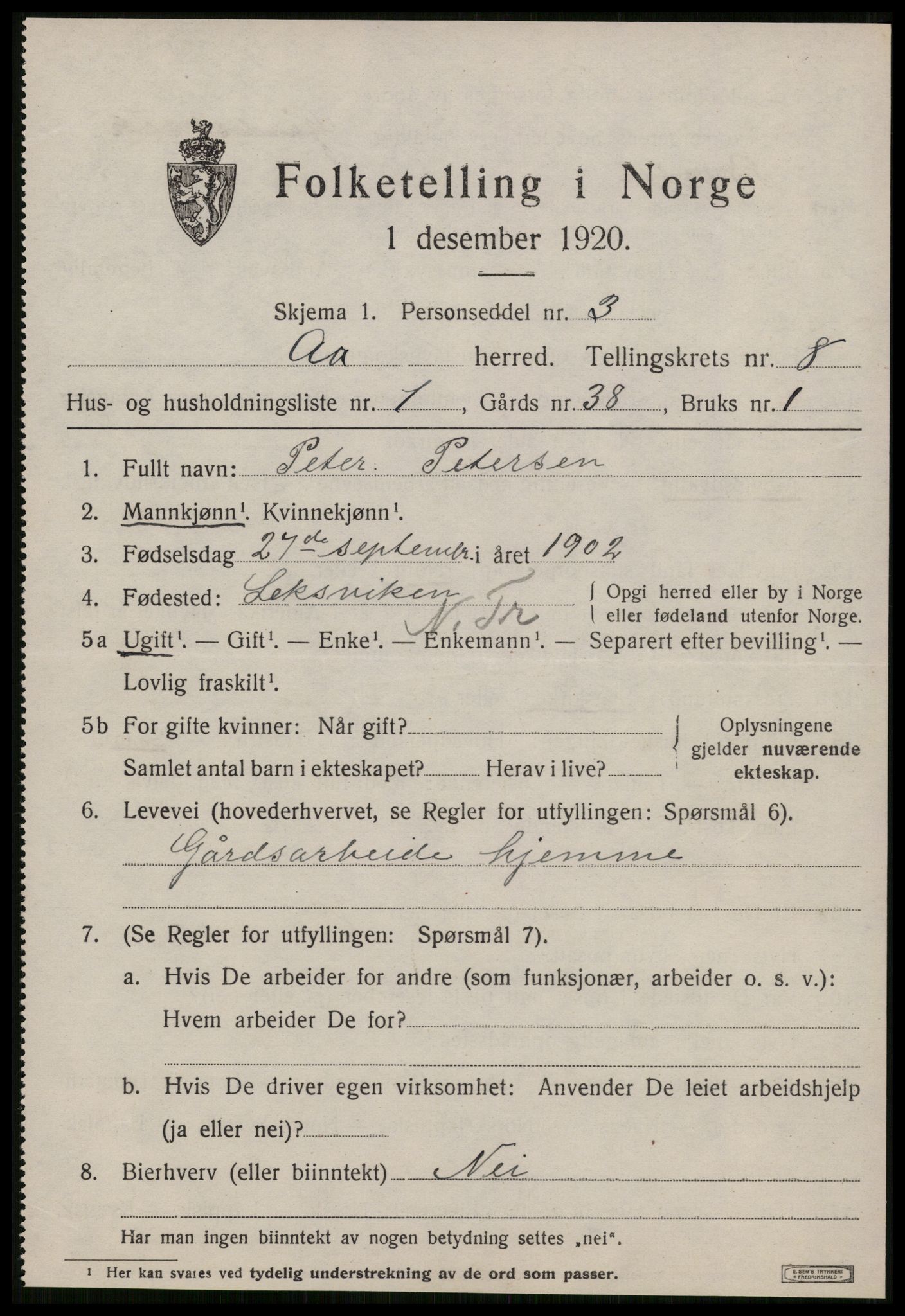 SAT, 1920 census for Å, 1920, p. 3358