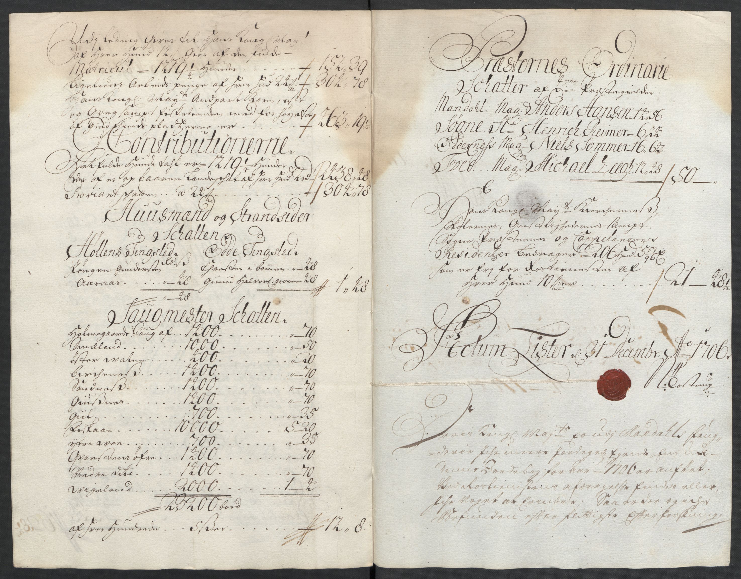 Rentekammeret inntil 1814, Reviderte regnskaper, Fogderegnskap, RA/EA-4092/R43/L2551: Fogderegnskap Lista og Mandal, 1705-1709, p. 296