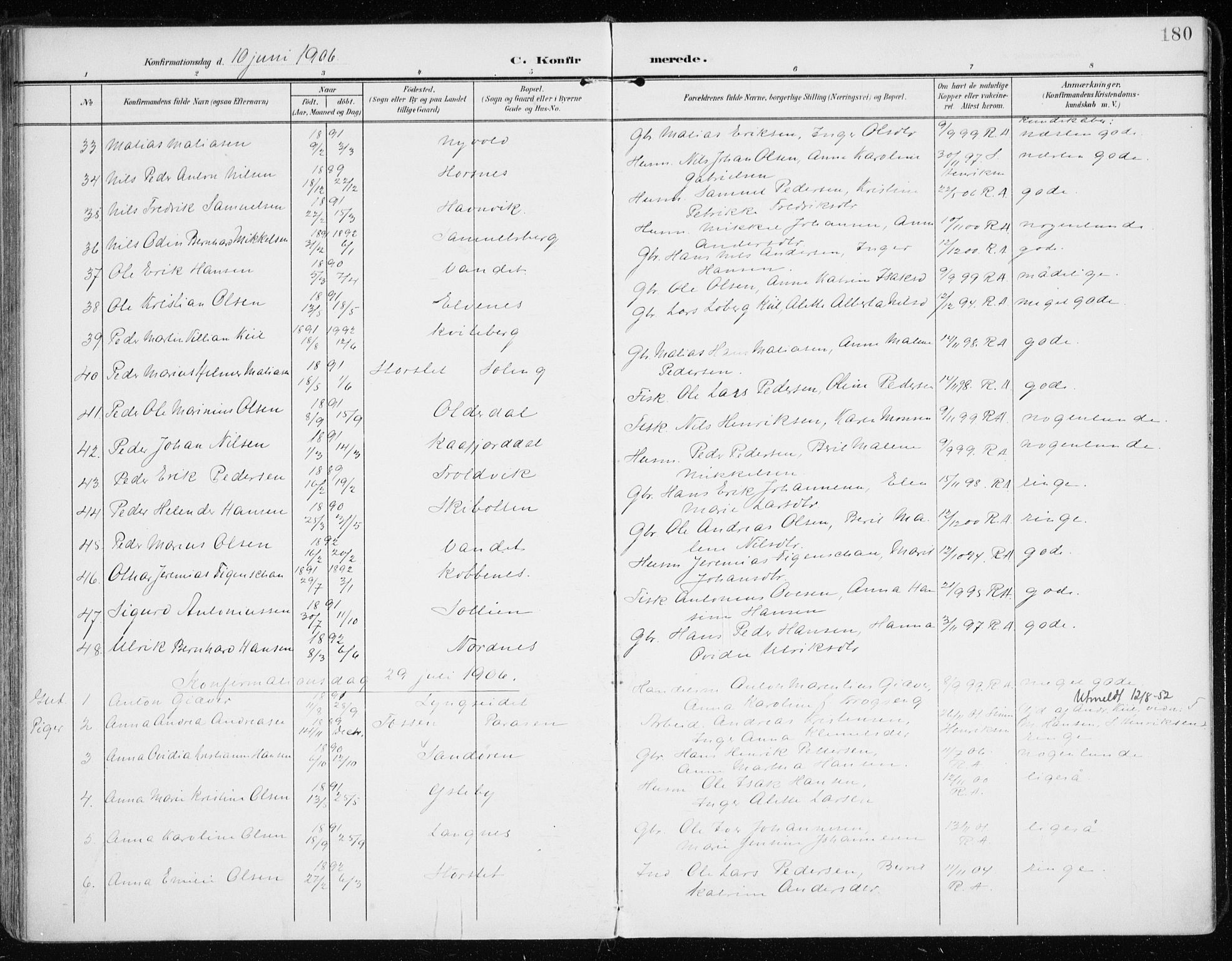 Lyngen sokneprestembete, AV/SATØ-S-1289/H/He/Hea/L0011kirke: Parish register (official) no. 11, 1903-1913, p. 180