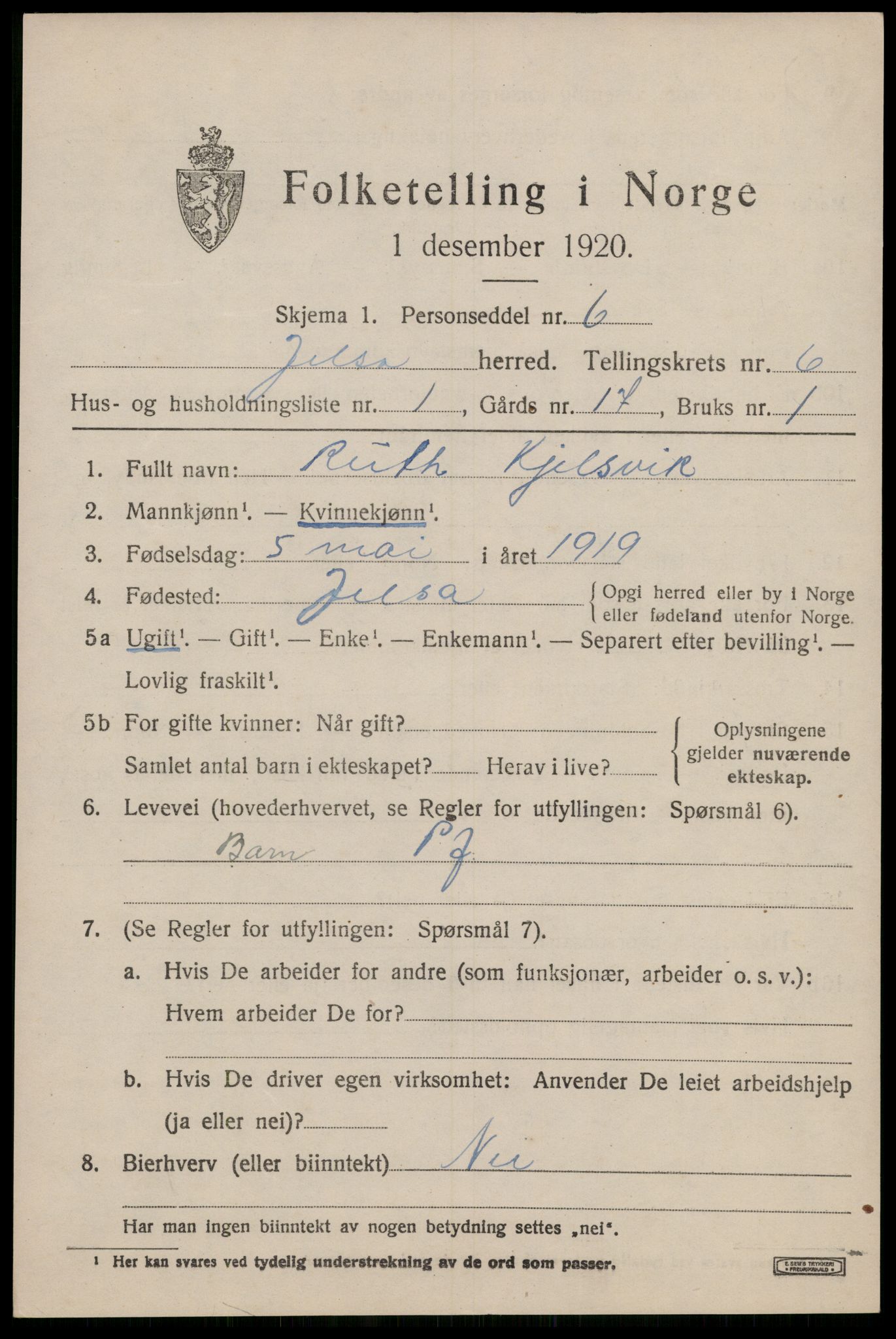 SAST, 1920 census for Jelsa, 1920, p. 1662