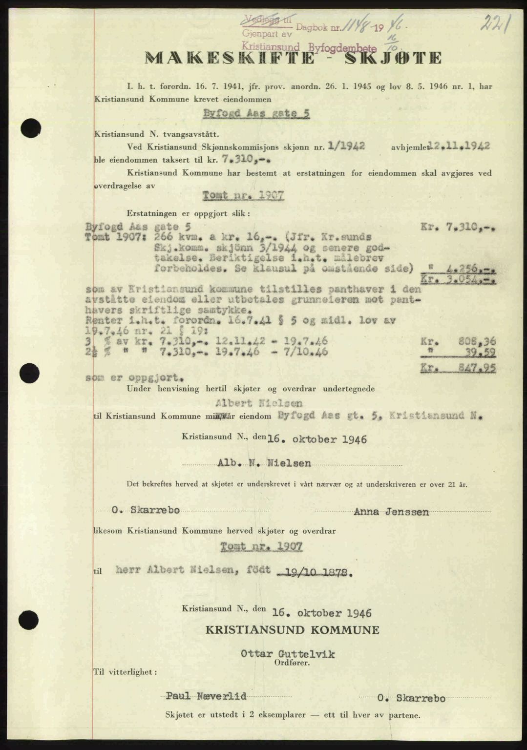Kristiansund byfogd, AV/SAT-A-4587/A/27: Mortgage book no. 39b, 1946-1947, Diary no: : 1148/1946