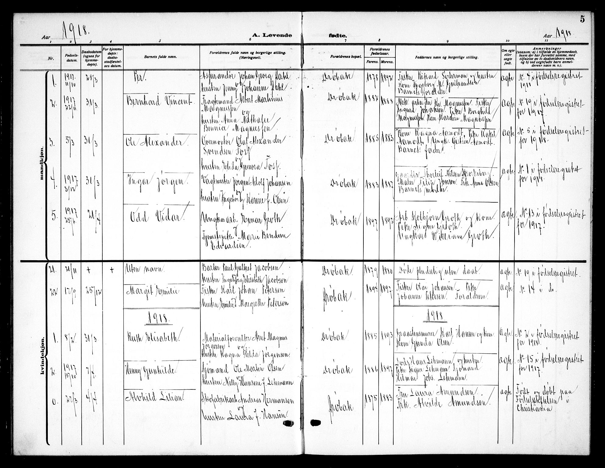 Drøbak prestekontor Kirkebøker, SAO/A-10142a/G/Ga/L0002: Parish register (copy) no. I 2, 1917-1932, p. 5