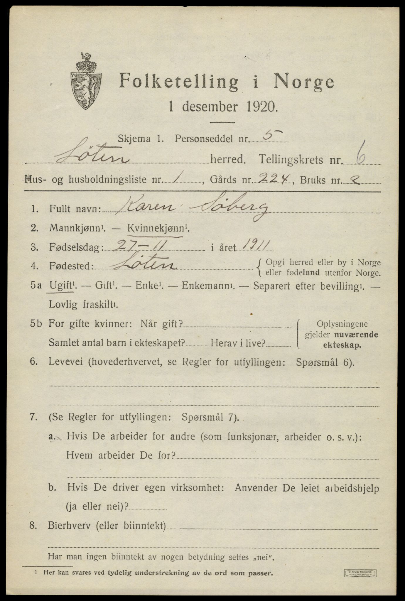 SAH, 1920 census for Løten, 1920, p. 11869