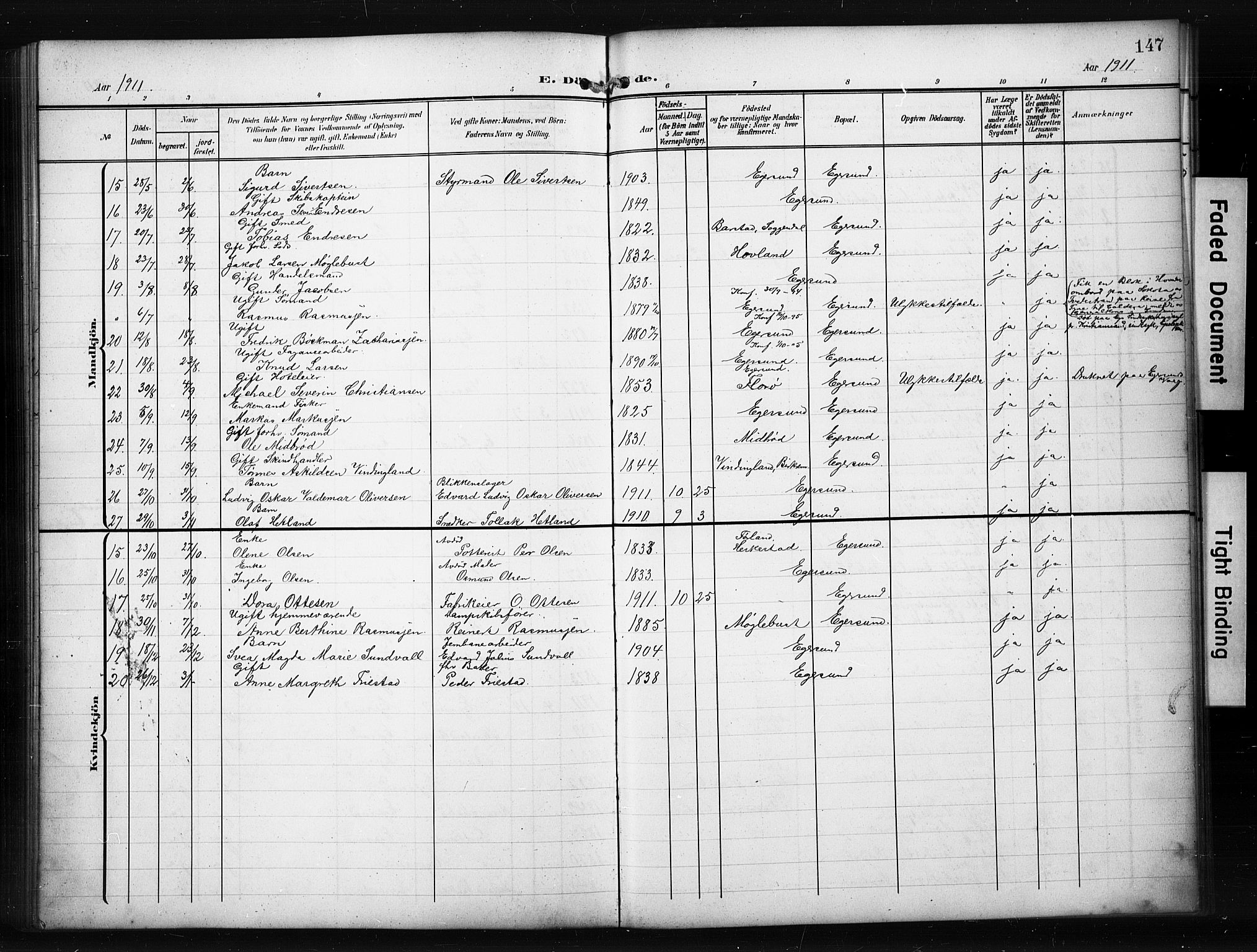 Eigersund sokneprestkontor, AV/SAST-A-101807/S09/L0012: Parish register (copy) no. B 12, 1908-1930, p. 147