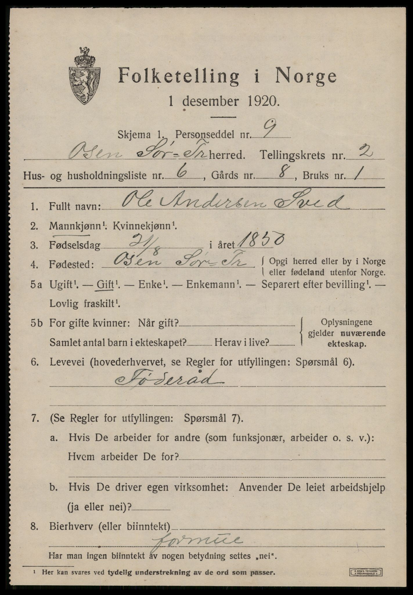 SAT, 1920 census for Osen, 1920, p. 1265