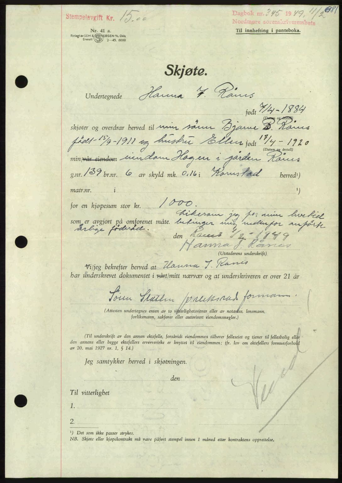 Nordmøre sorenskriveri, AV/SAT-A-4132/1/2/2Ca: Mortgage book no. A110, 1948-1949, Diary no: : 345/1949