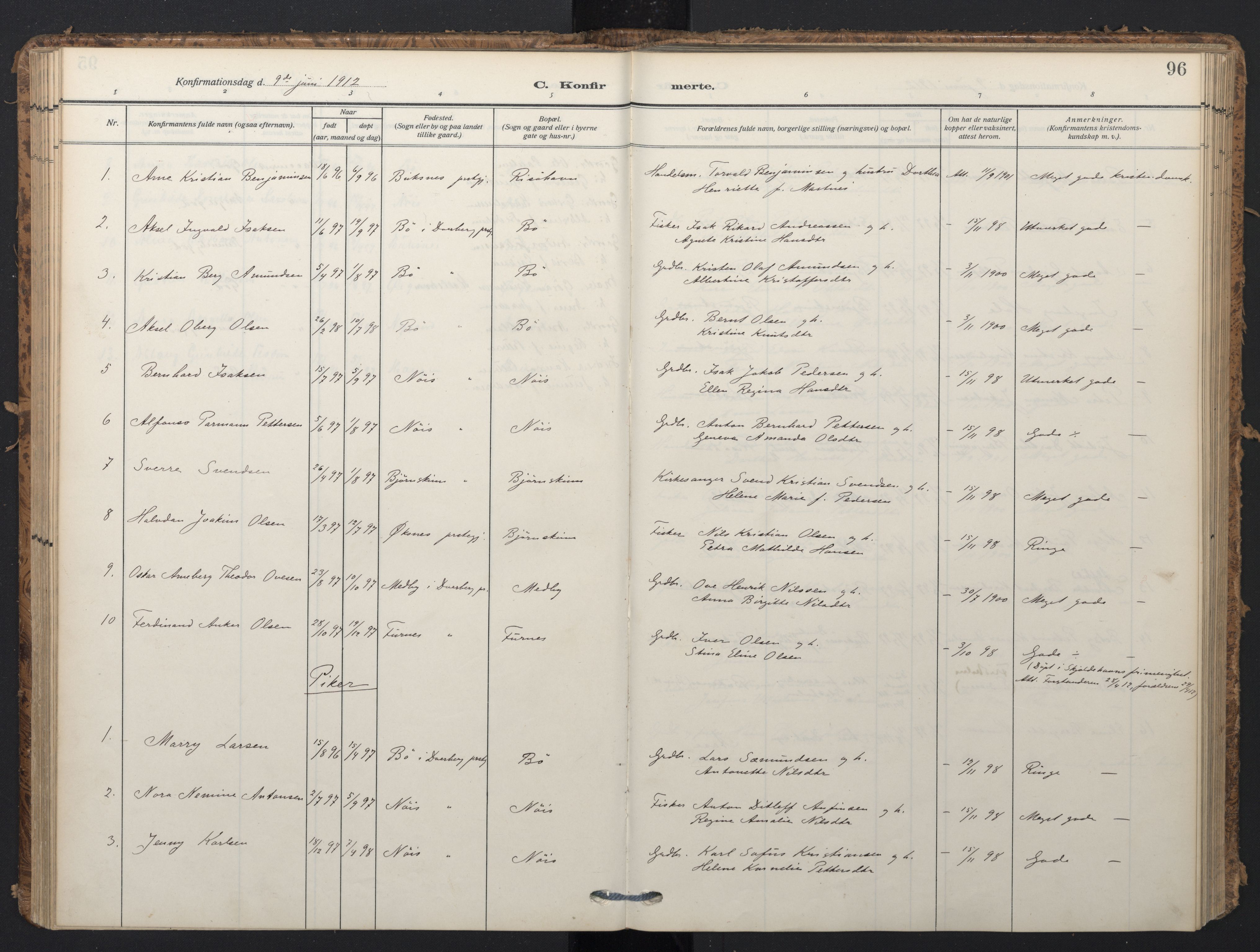 Ministerialprotokoller, klokkerbøker og fødselsregistre - Nordland, SAT/A-1459/898/L1423: Parish register (official) no. 898A03, 1909-1928, p. 96