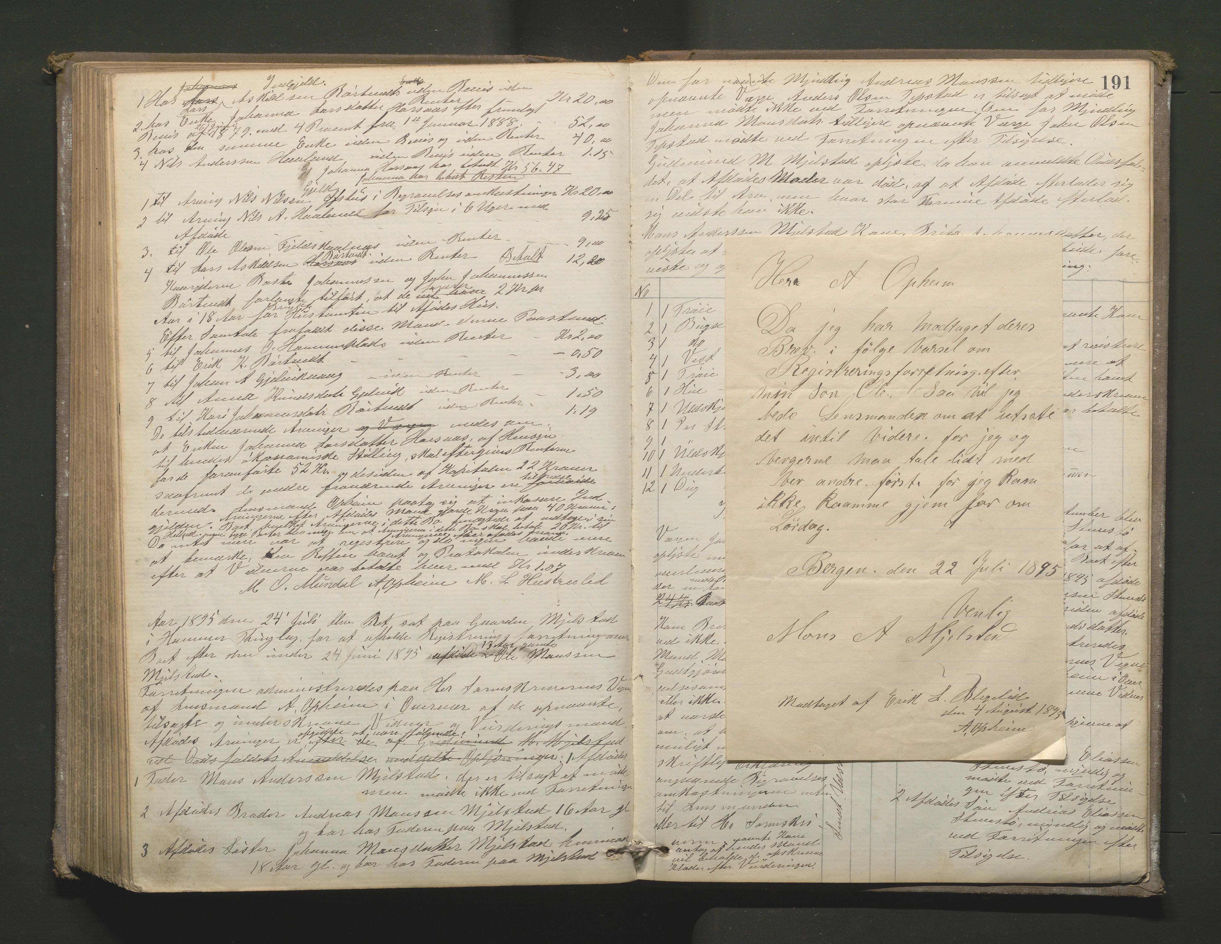 Lensmannen i Hamre, AV/SAB-A-32601/0006/L0001: Registreringsprotokoll, 1881-1896, p. 190b-191a