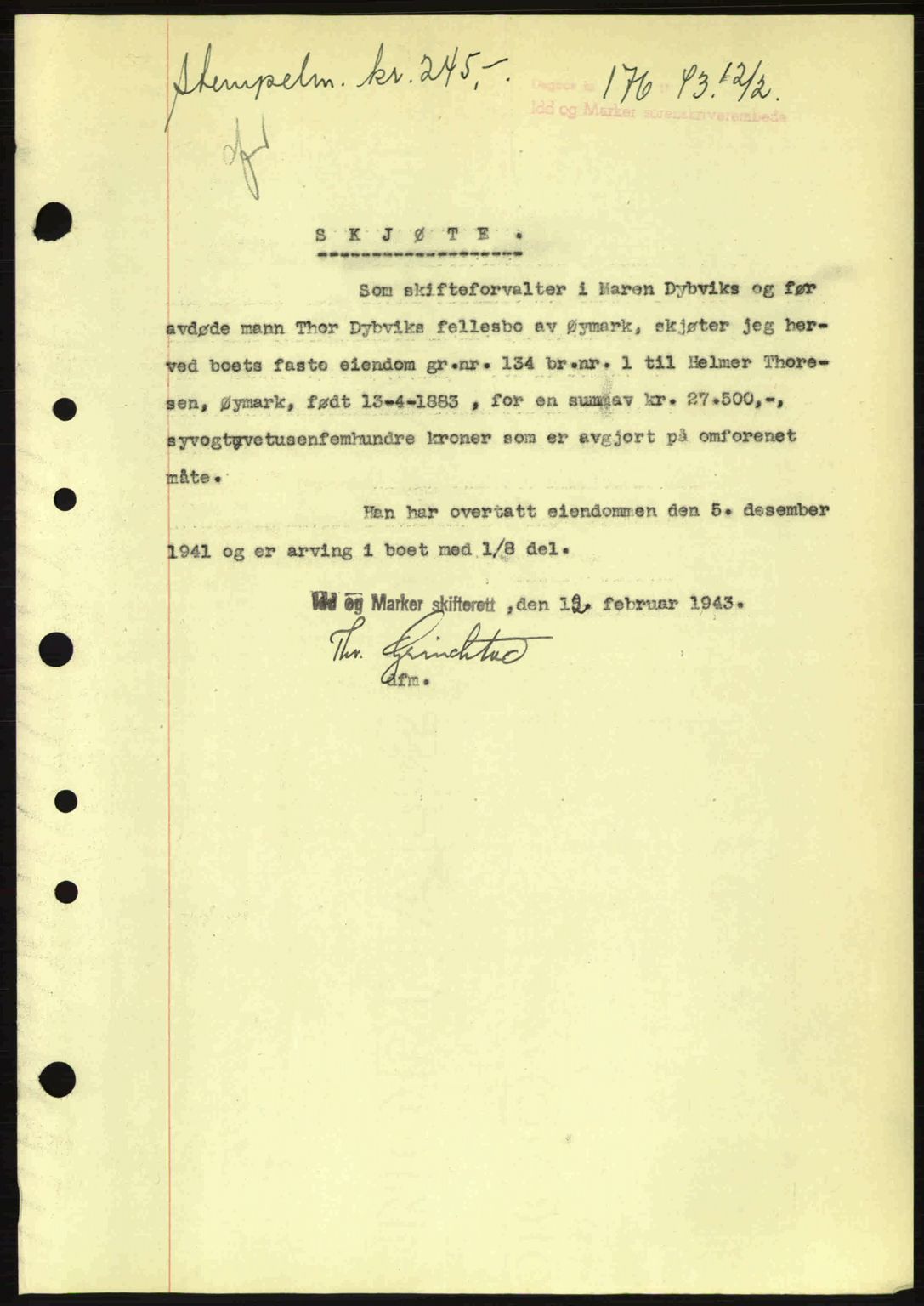 Idd og Marker sorenskriveri, AV/SAO-A-10283/G/Gb/Gbb/L0006: Mortgage book no. A6, 1943-1944, Diary no: : 176/1943